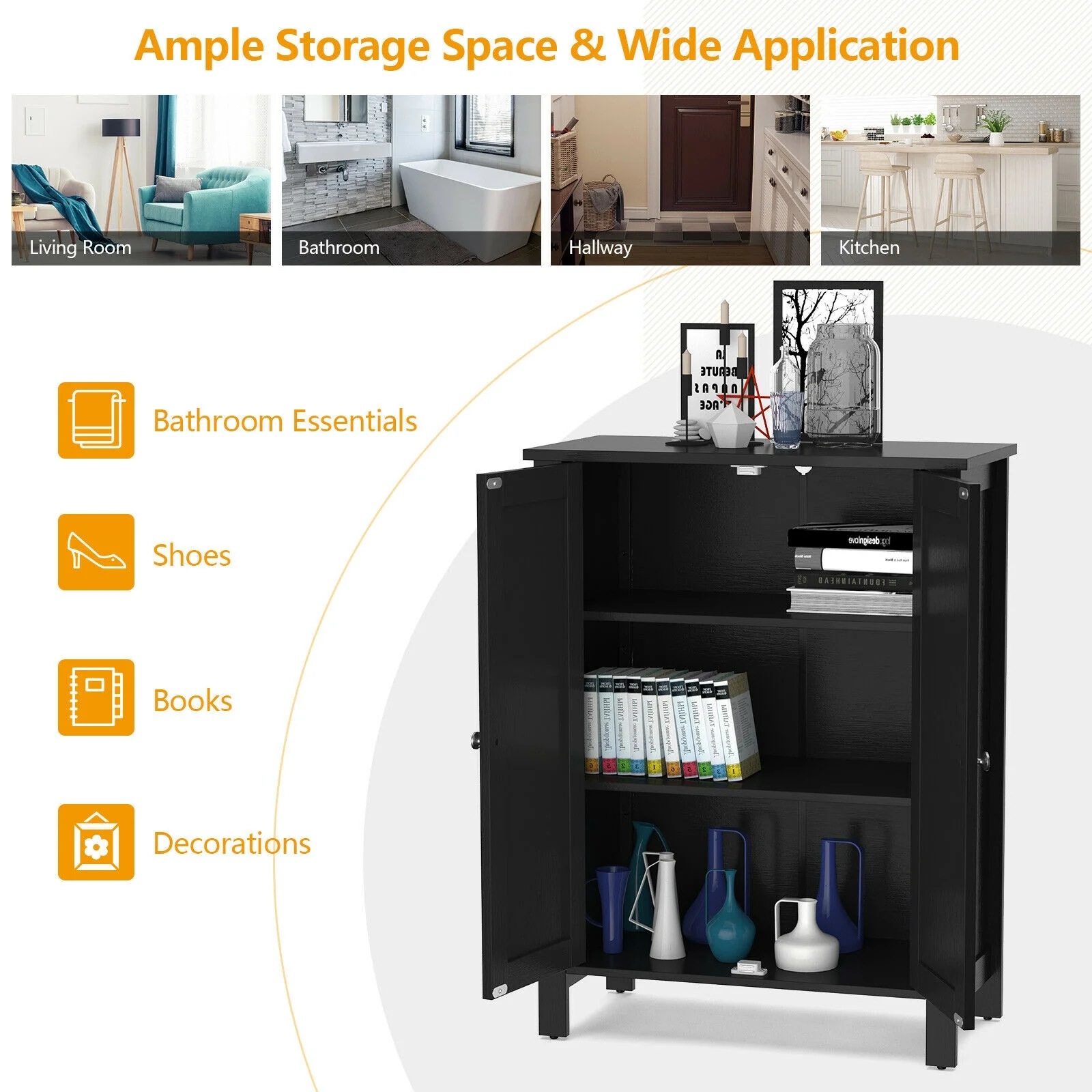 2-Door Bathroom Floor Storage Cabinet, Black - Image 7