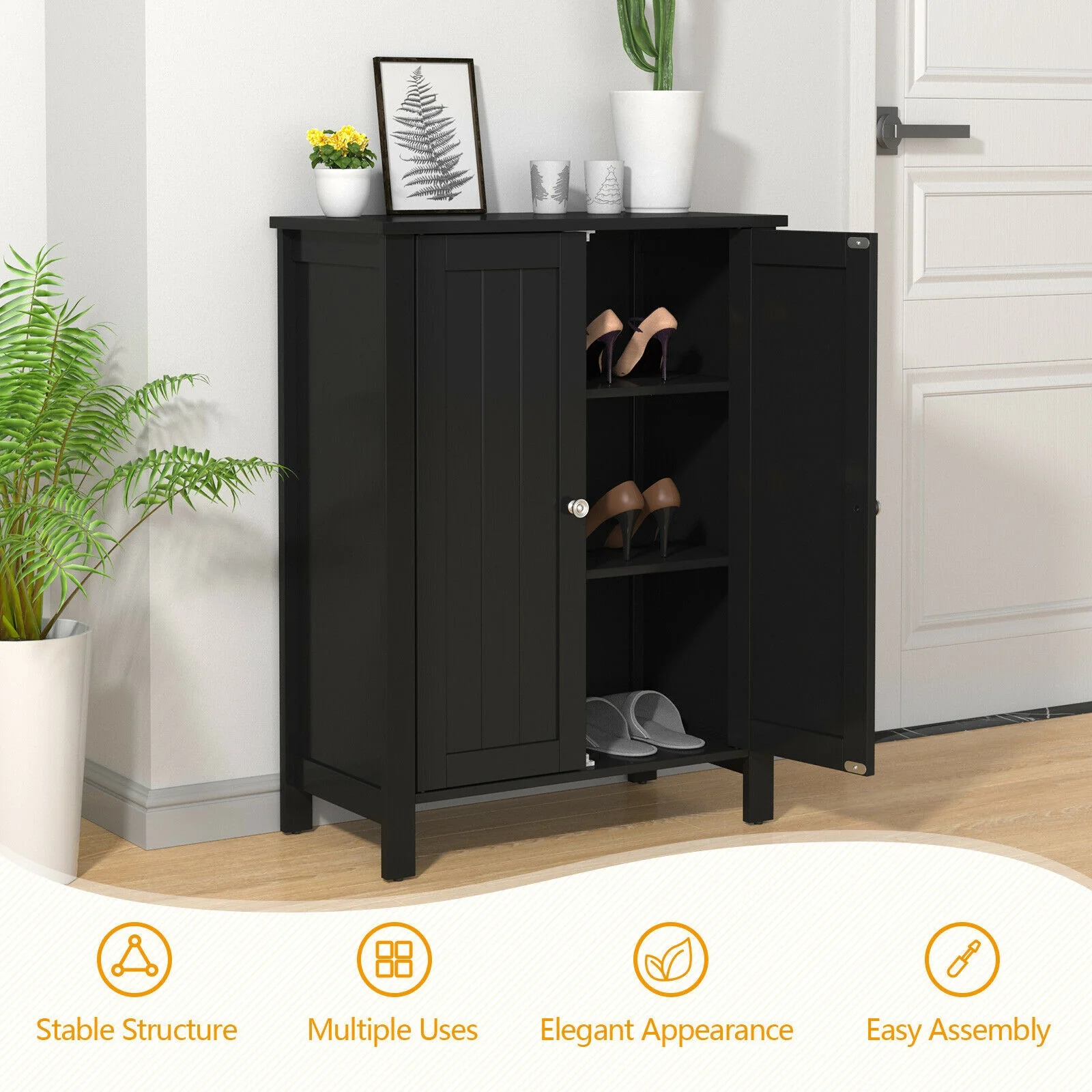 2-Door Bathroom Floor Storage Cabinet, Black - Image 8