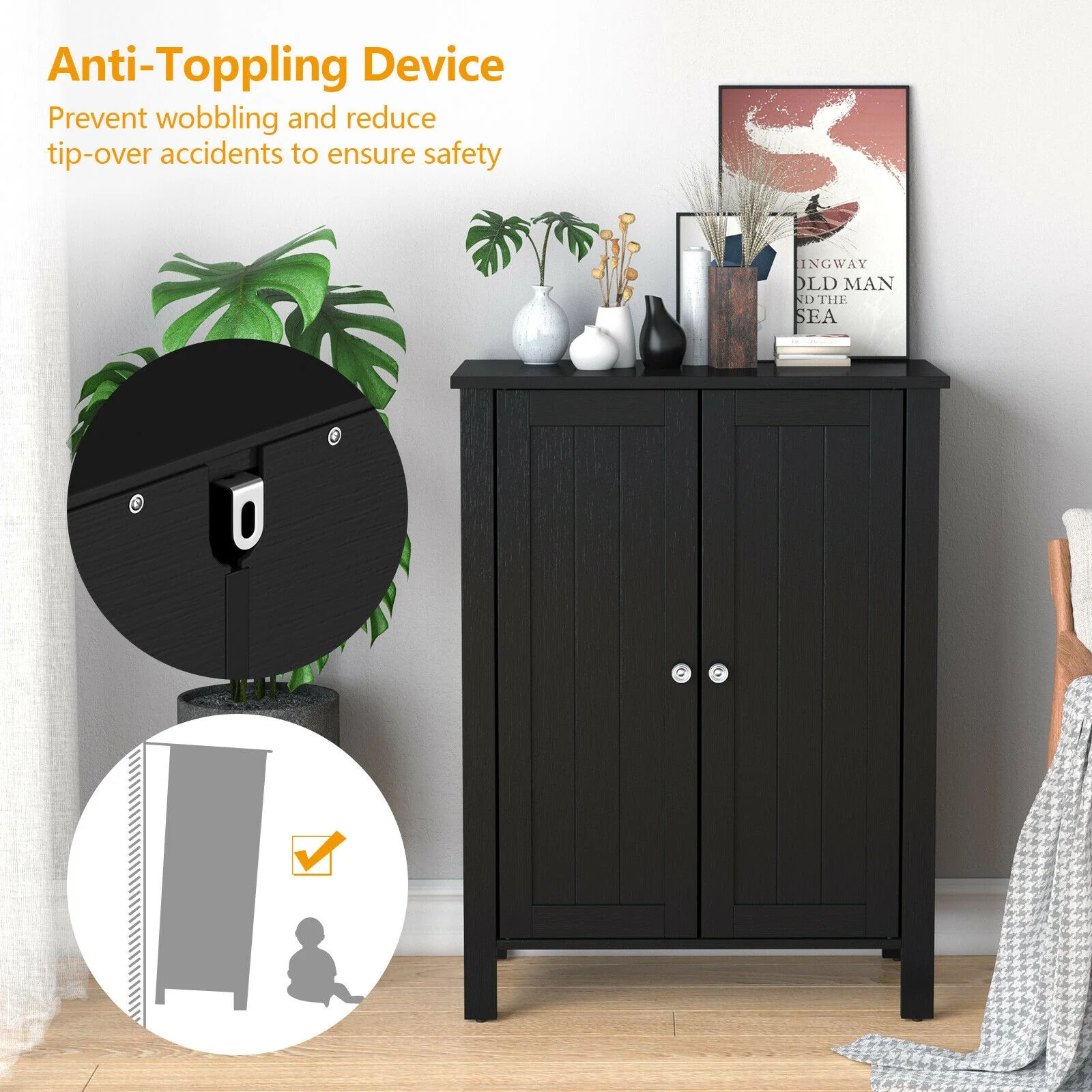 2-Door Bathroom Floor Storage Cabinet, Black - Image 9