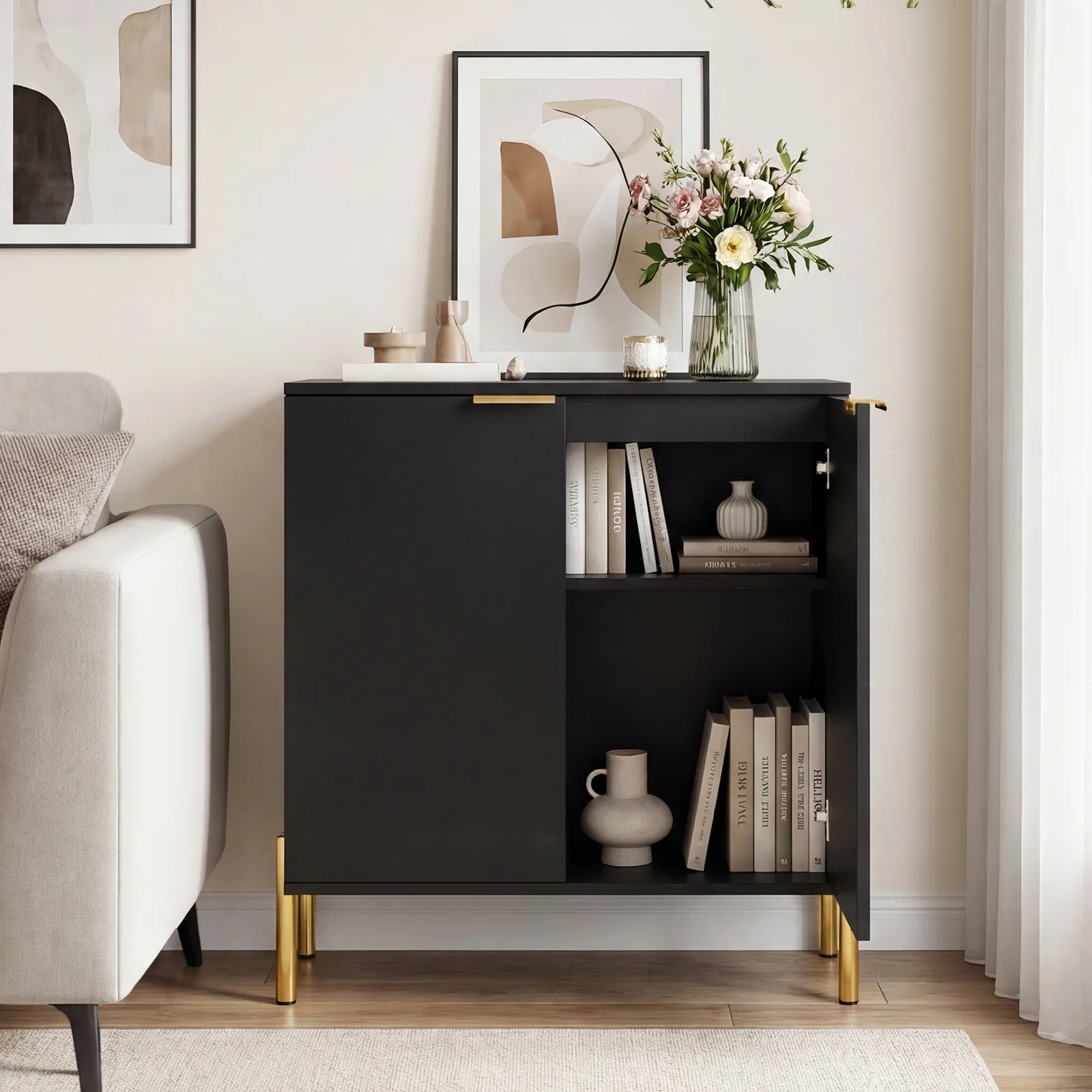 2-Door Buffet Cabinet Sideboard, Set of 2, Black - Image 5
