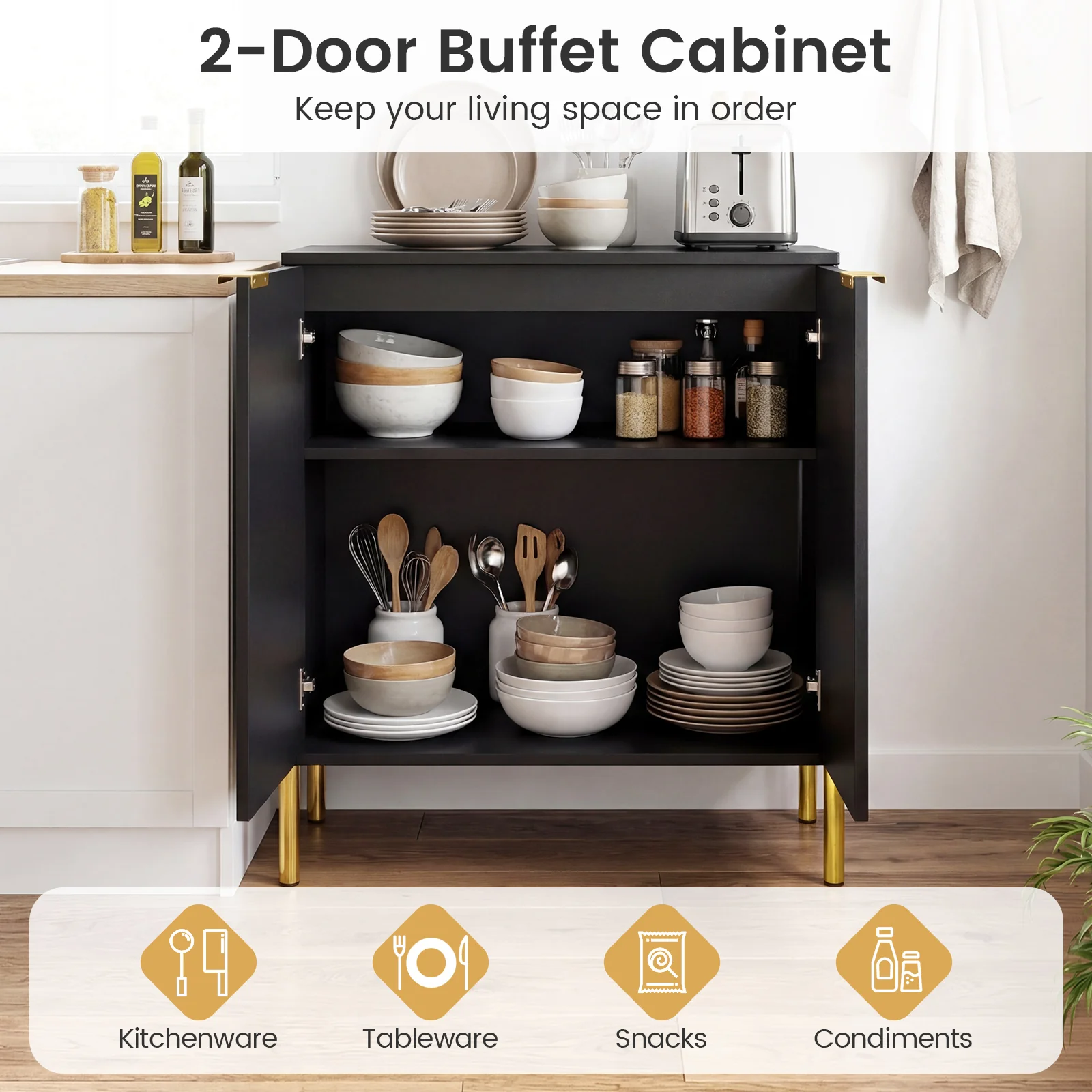 2-Door Buffet Cabinet Sideboard, Set of 2, Black - Image 6