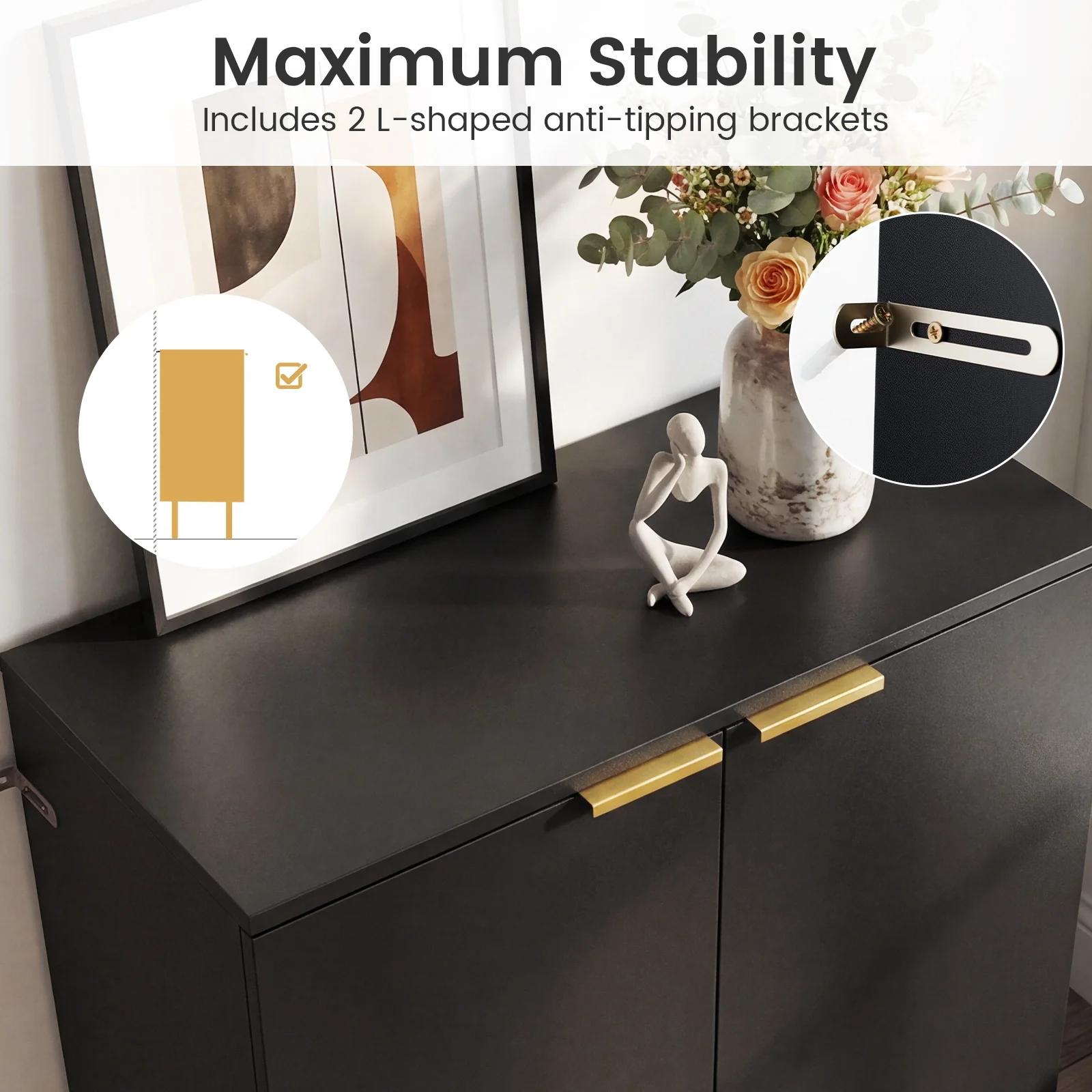 2-Door Buffet Cabinet Sideboard, Set of 2, Black - Image 8