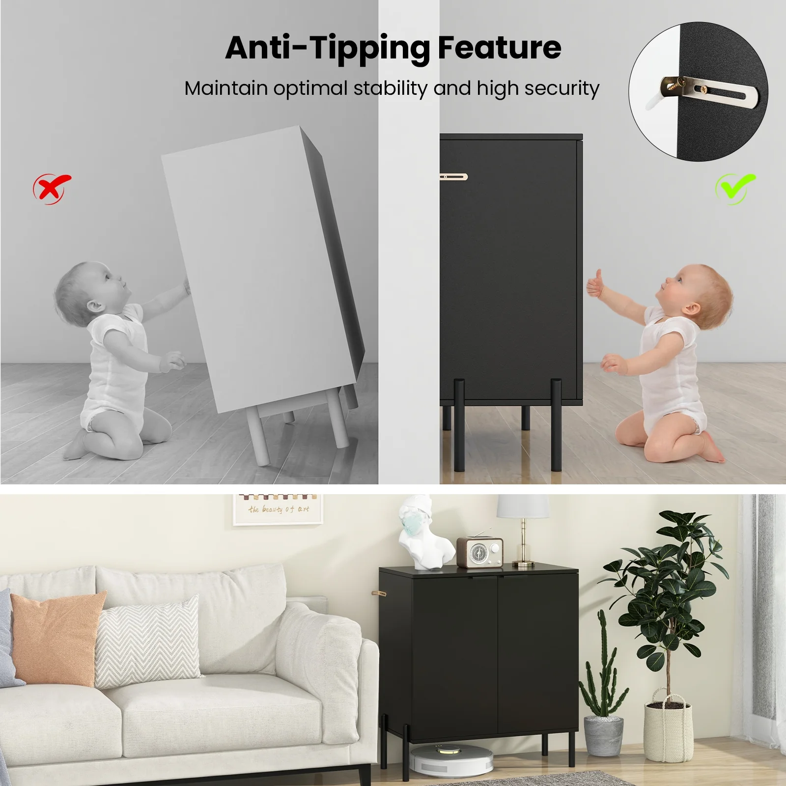 2-Door Buffet Cabinet With Shelf, Metal Legs, Black - Image 10