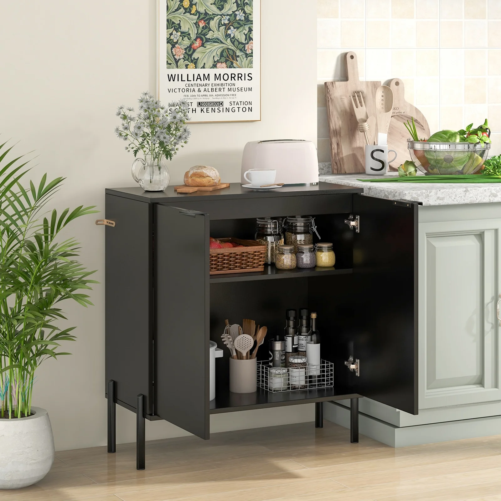 2-Door Buffet Cabinet With Shelf, Metal Legs, Black - Image 2