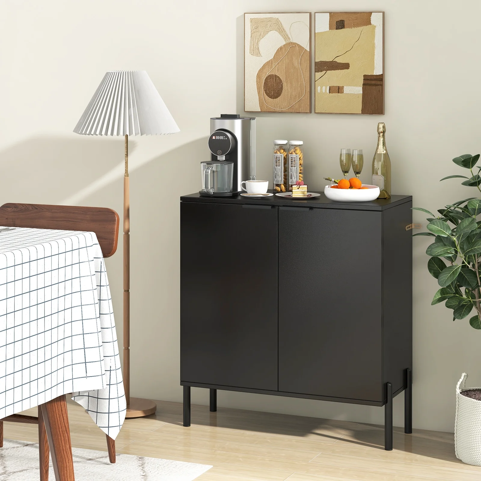 2-Door Buffet Cabinet With Shelf, Metal Legs, Black - Image 3
