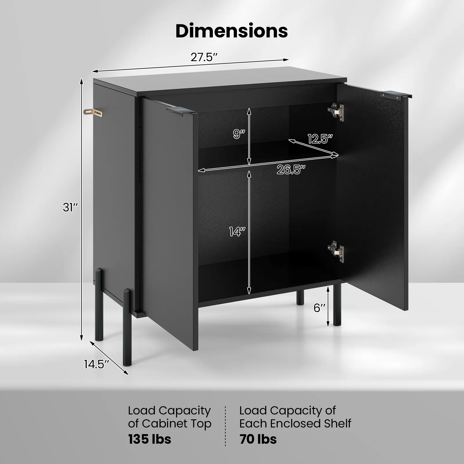 2-Door Buffet Cabinet With Shelf, Metal Legs, Black - Image 6