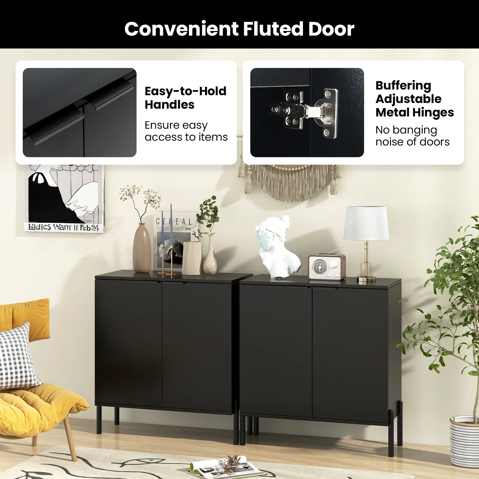 2-Door Buffet Cabinet With Shelf, Metal Legs, Black - Image 8