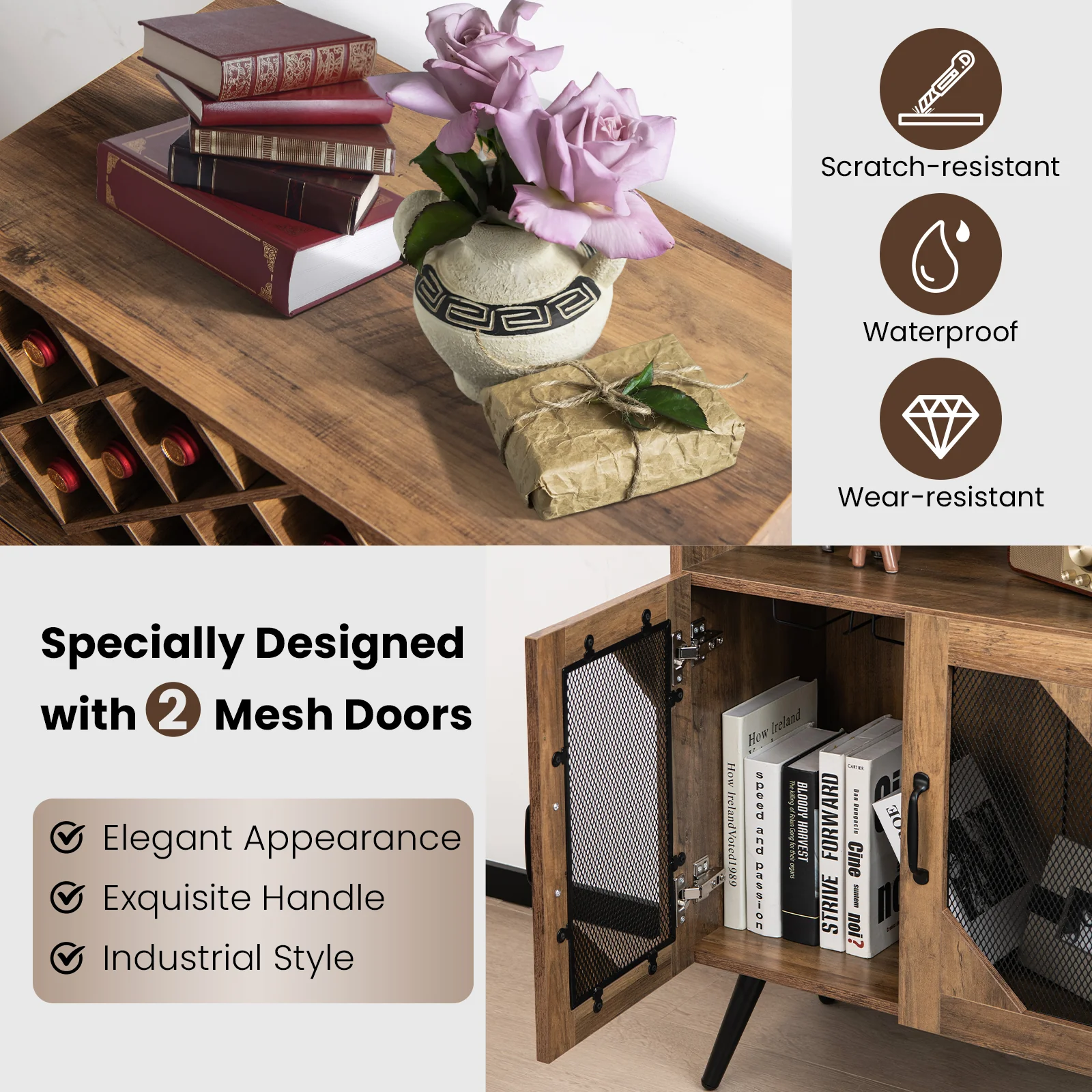 2-Door Farmhouse Kitchen Cabinet, Wine Rack, Glass Holder, Brown - Image 10