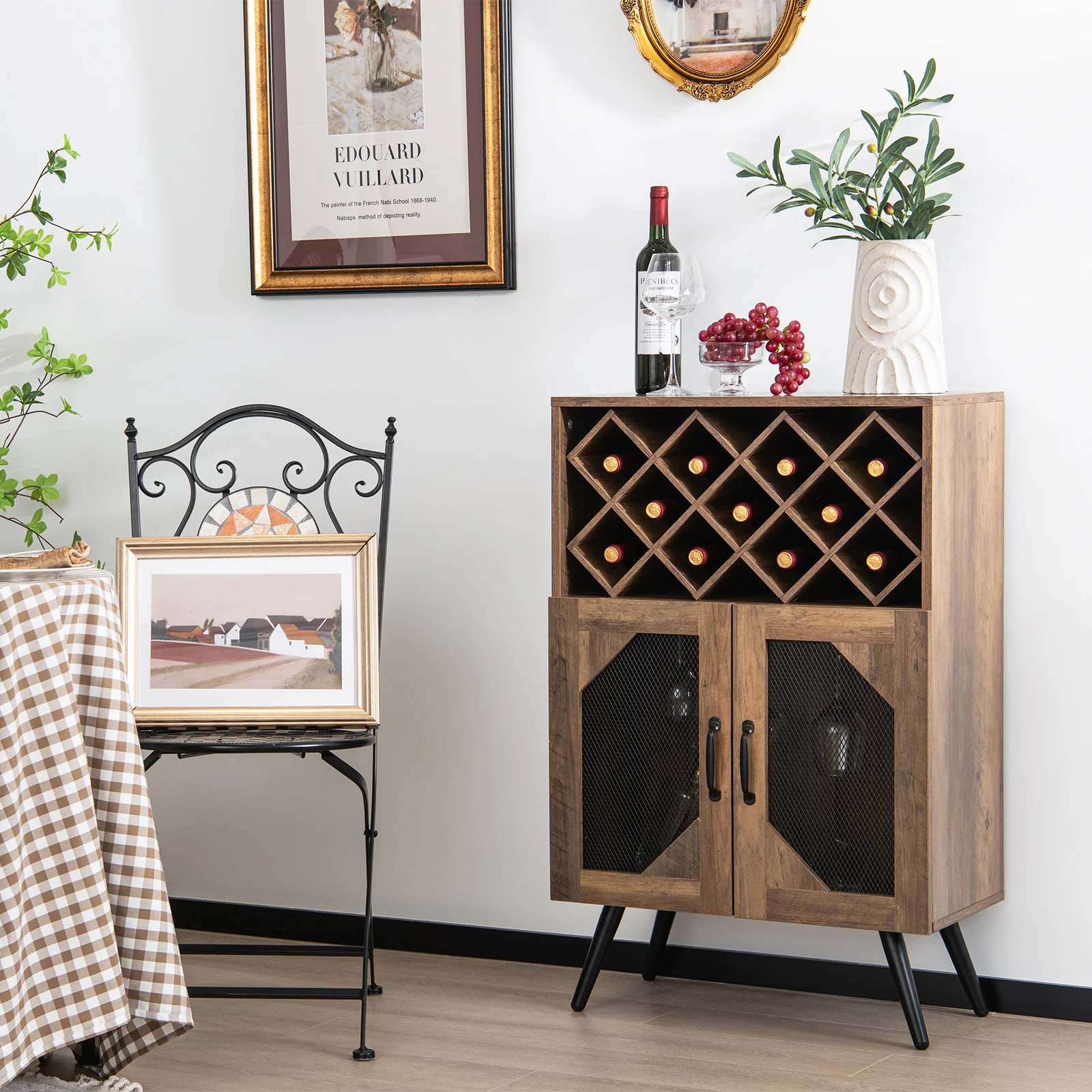 2-Door Farmhouse Kitchen Cabinet, Wine Rack, Glass Holder, Brown - Image 3