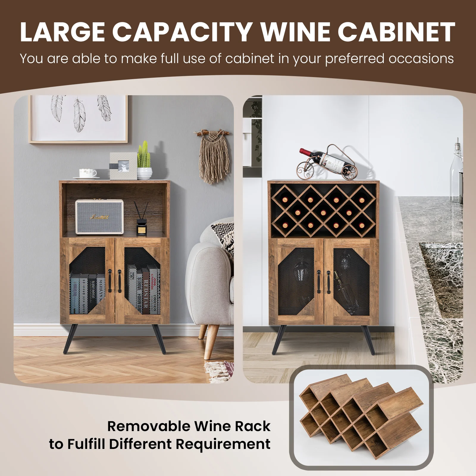 2-Door Farmhouse Kitchen Cabinet, Wine Rack, Glass Holder, Brown - Image 7