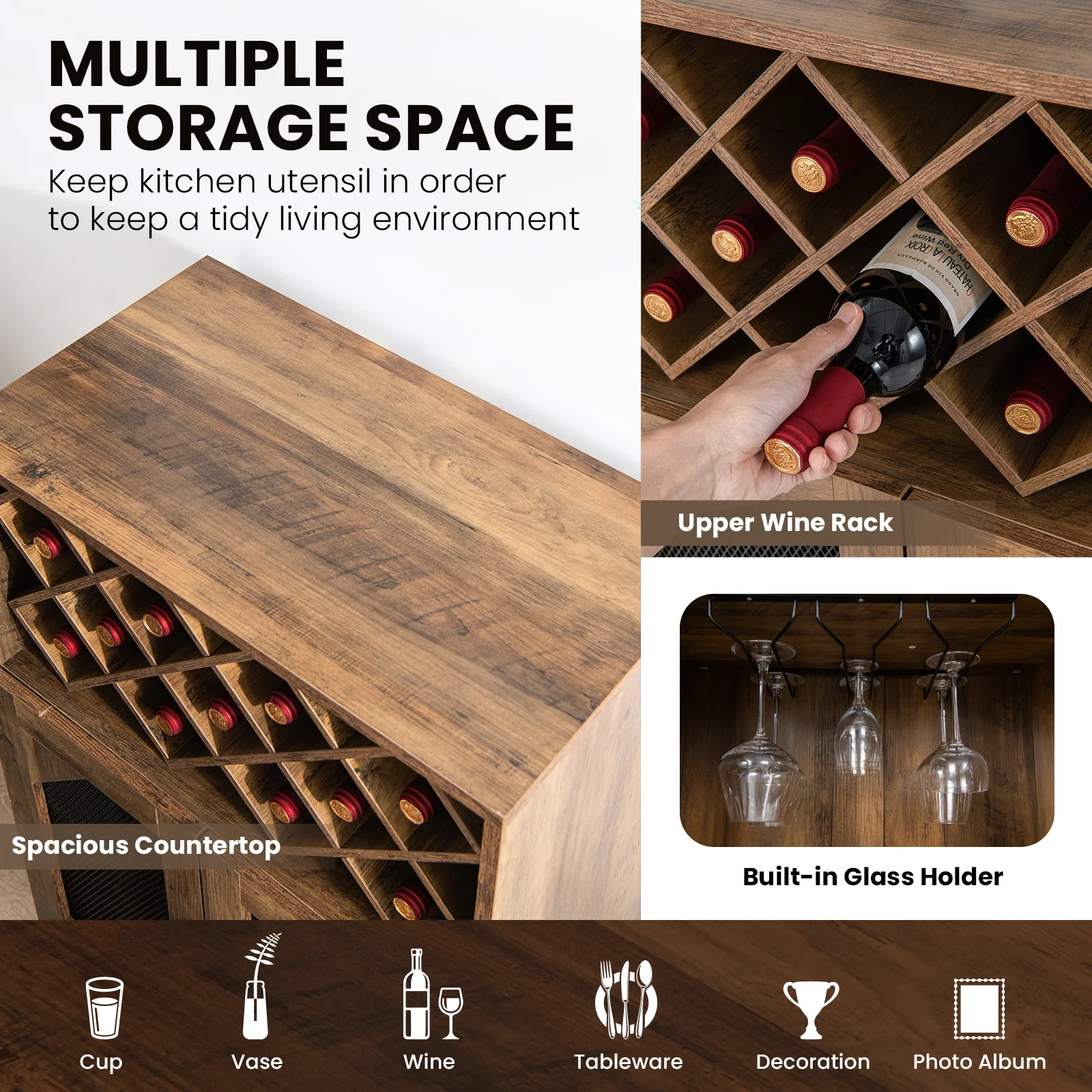 2-Door Farmhouse Kitchen Cabinet, Wine Rack, Glass Holder, Brown - Image 9