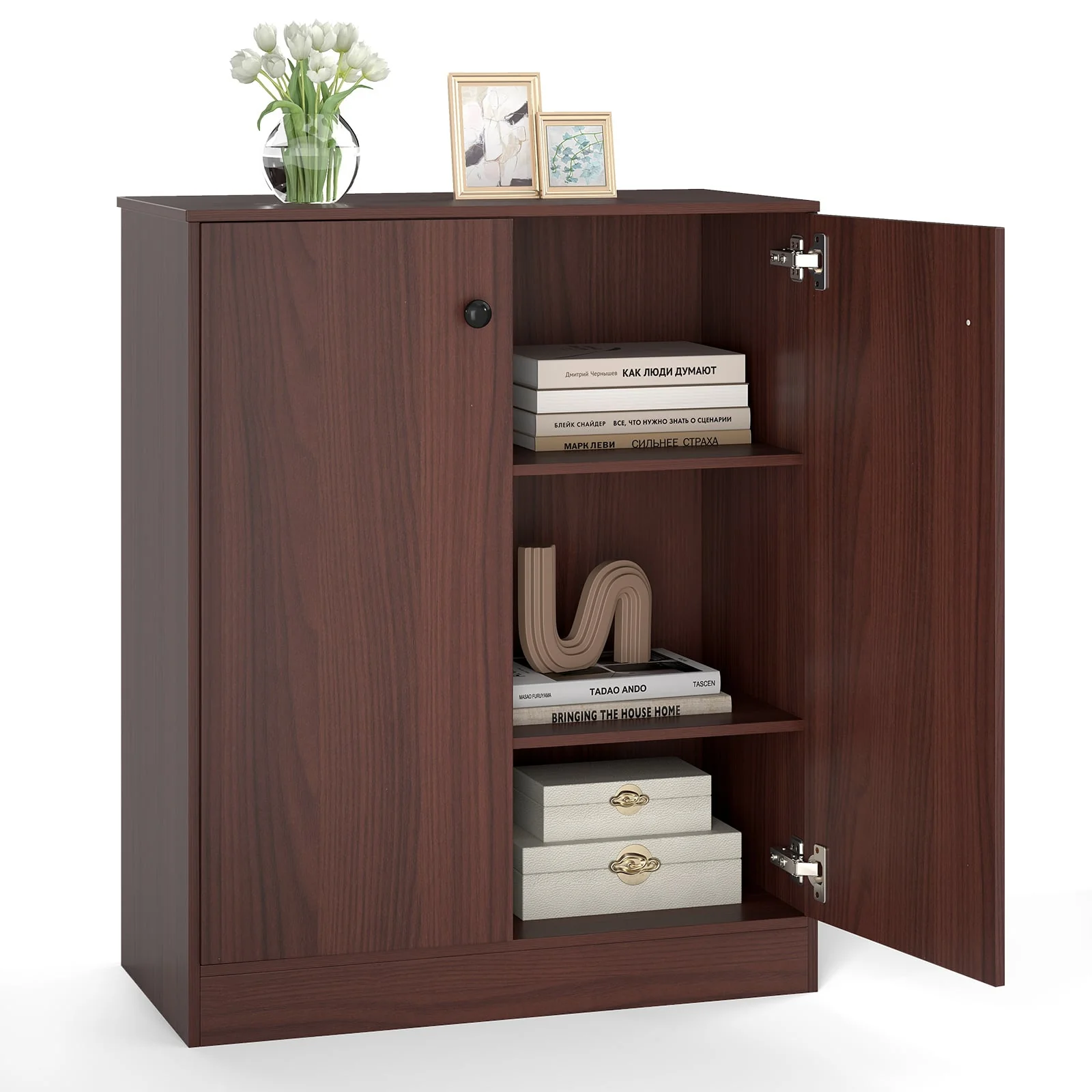2-Door Modern Floor Storage Cabinet, 3-Tier Shelf, Brown
