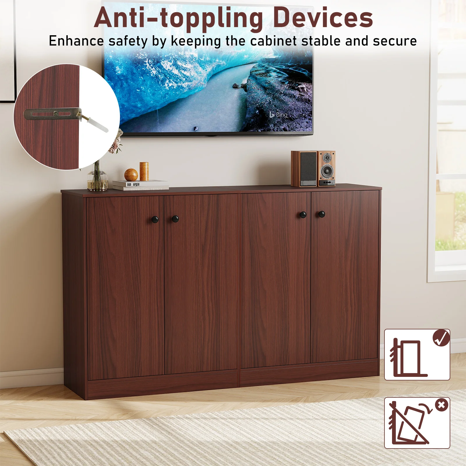 2-Door Modern Floor Storage Cabinet, 3-Tier Shelf, Brown - Image 10