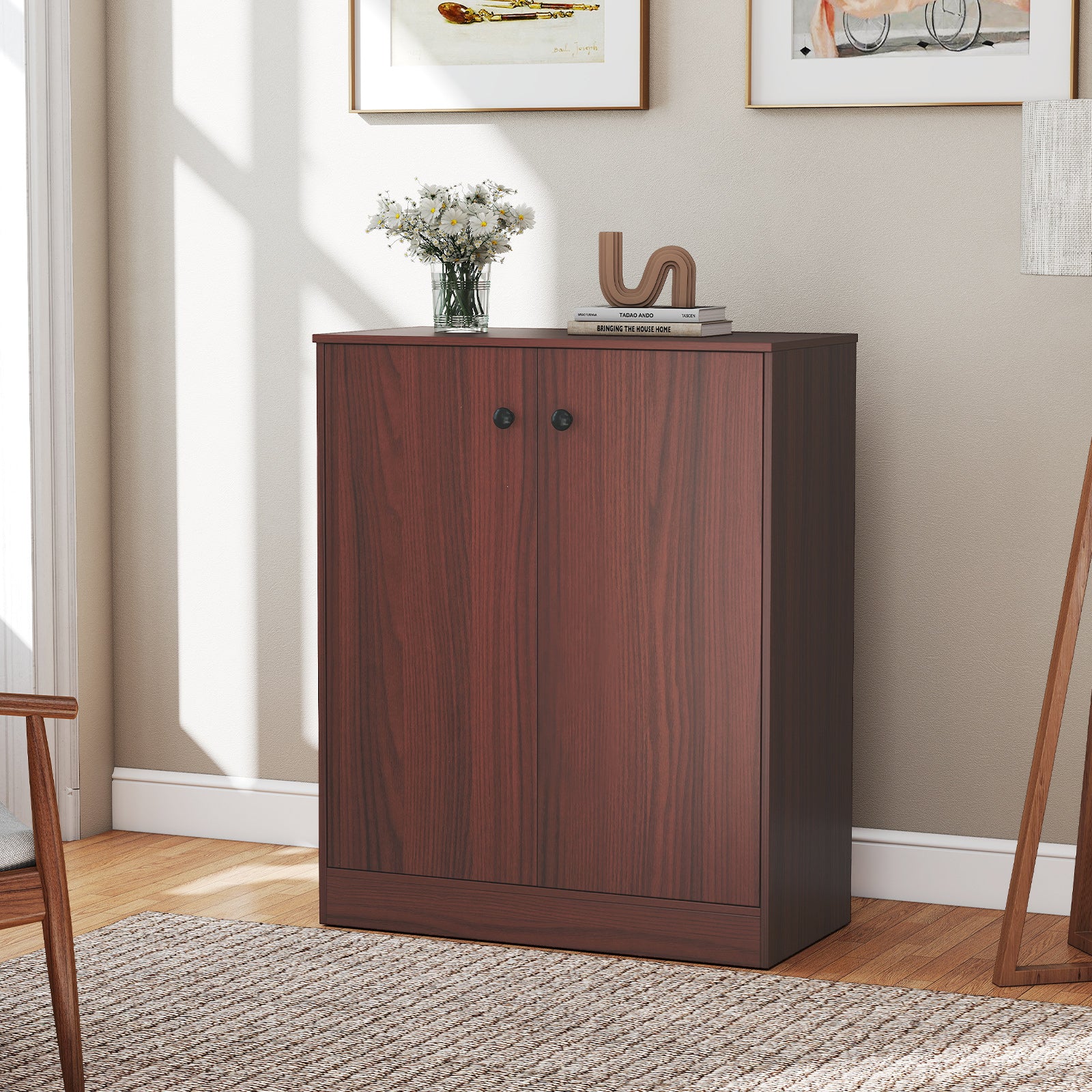2-Door Modern Floor Storage Cabinet, 3-Tier Shelf, Brown - Image 2