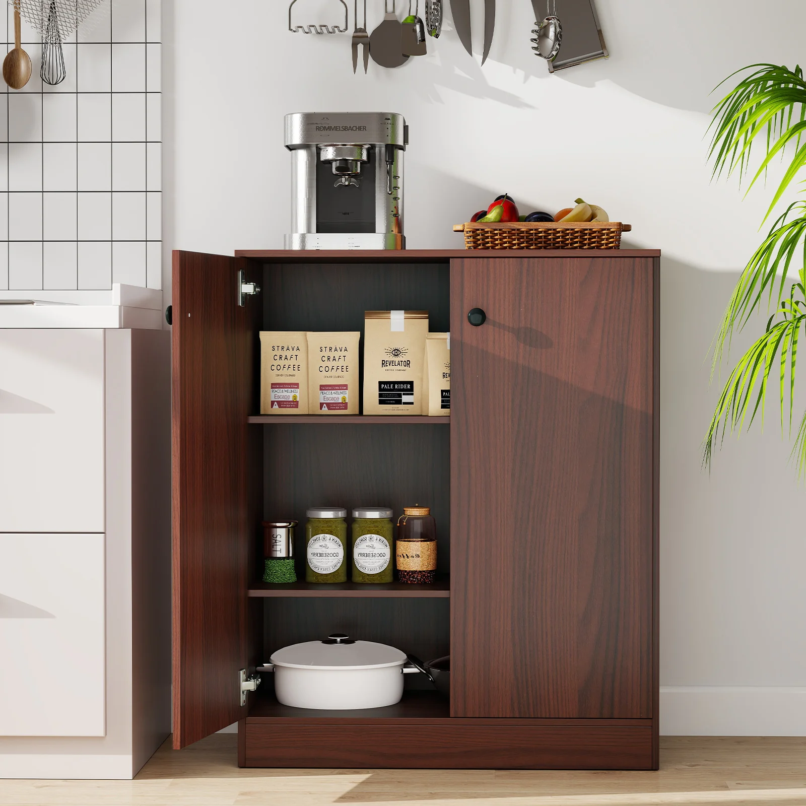 2-Door Modern Floor Storage Cabinet, 3-Tier Shelf, Brown - Image 3