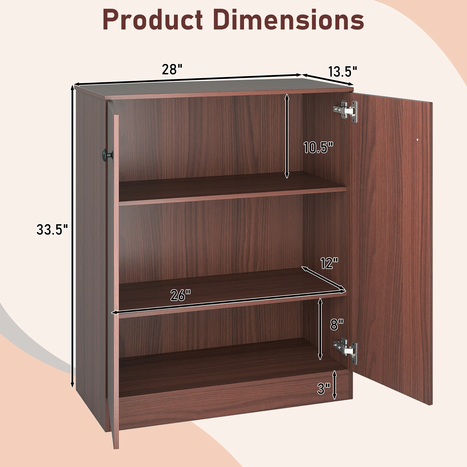 2-Door Modern Floor Storage Cabinet, 3-Tier Shelf, Brown - Image 6