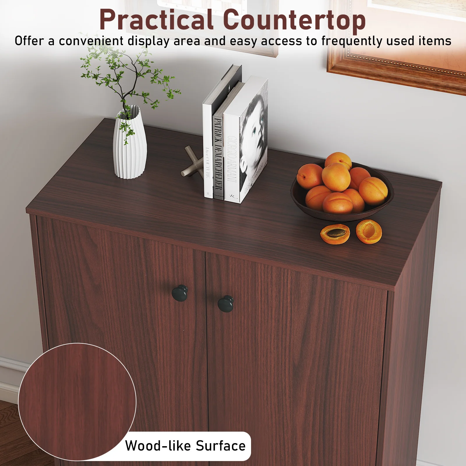 2-Door Modern Floor Storage Cabinet, 3-Tier Shelf, Brown - Image 8
