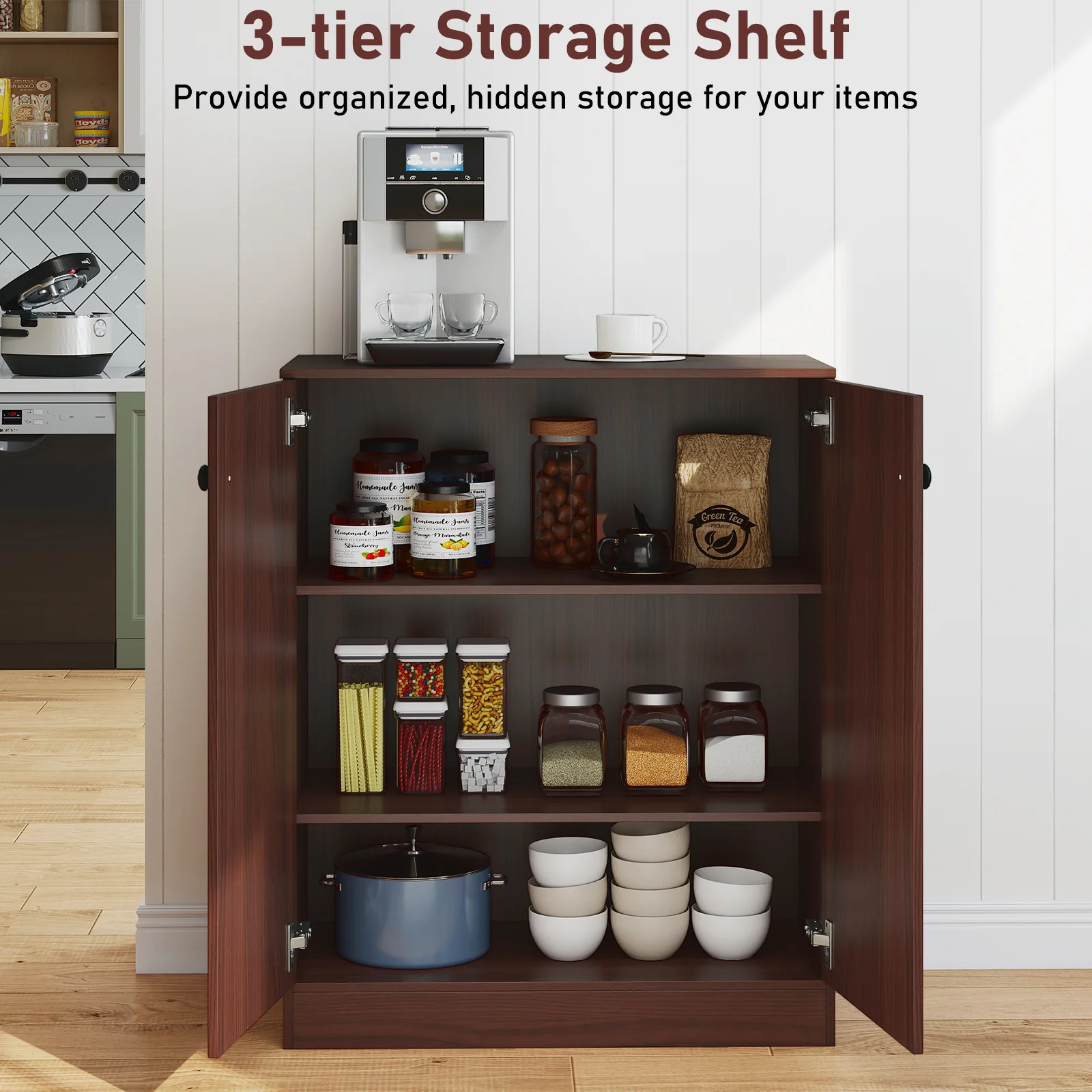 2-Door Modern Floor Storage Cabinet, 3-Tier Shelf, Brown - Image 9