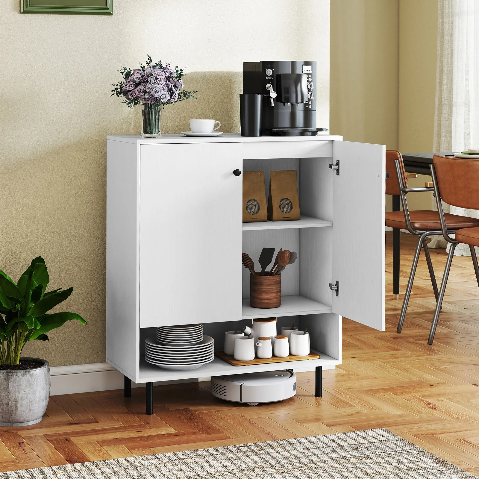 2-Door Sideboard Buffet Cabinet, Adjustable Shelf, White - Image 3
