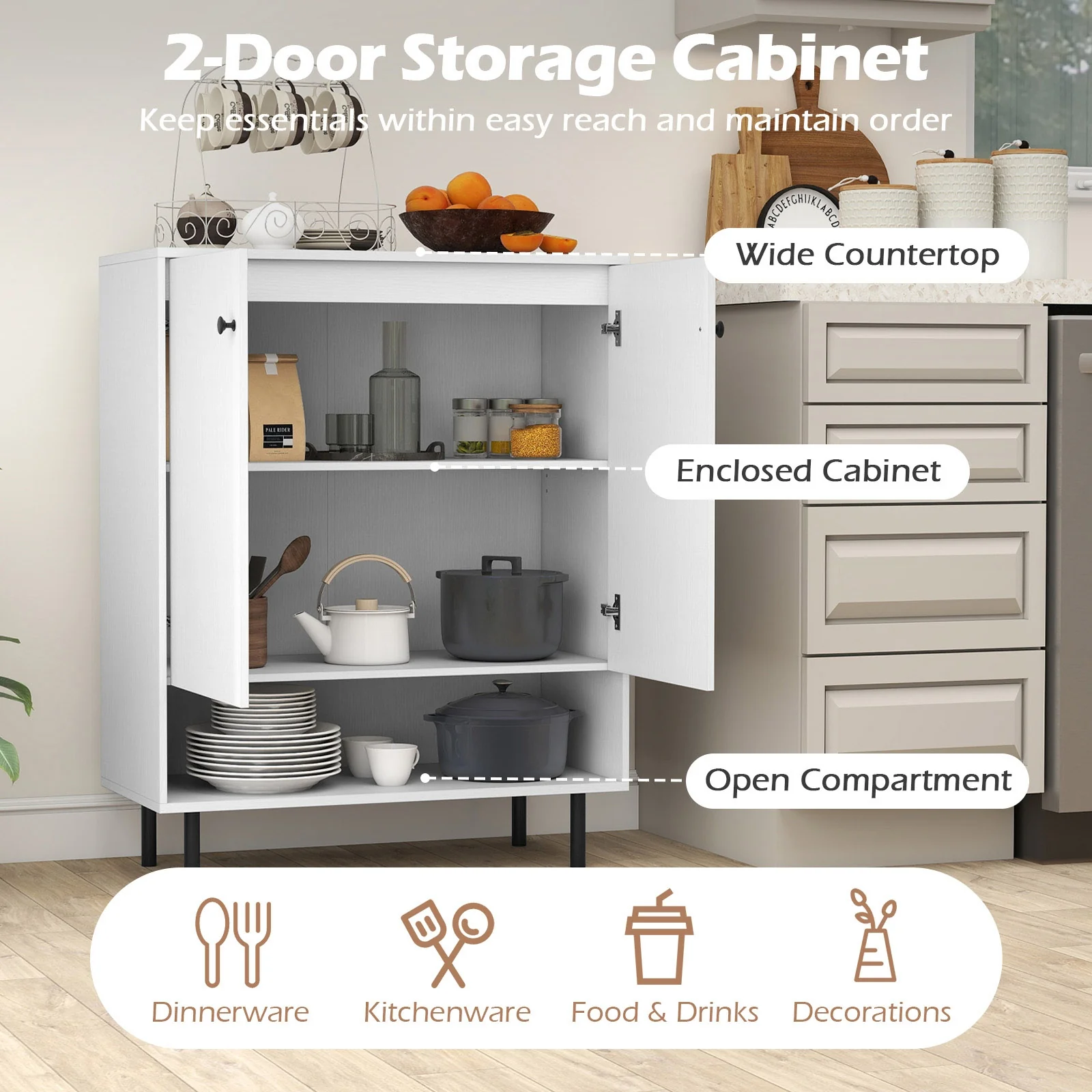 2-Door Sideboard Buffet Cabinet, Adjustable Shelf, White - Image 9
