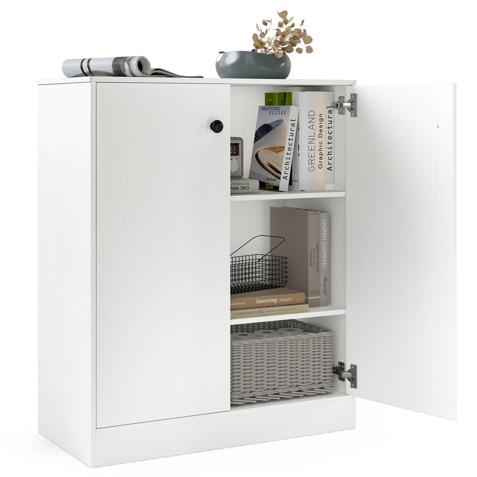2 Door Storage Cabinet, 3-Tier Shelf, White - Image 4