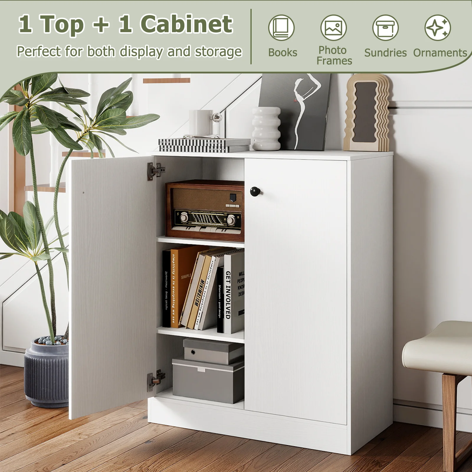 2 Door Storage Cabinet, 3-Tier Shelf, White - Image 9