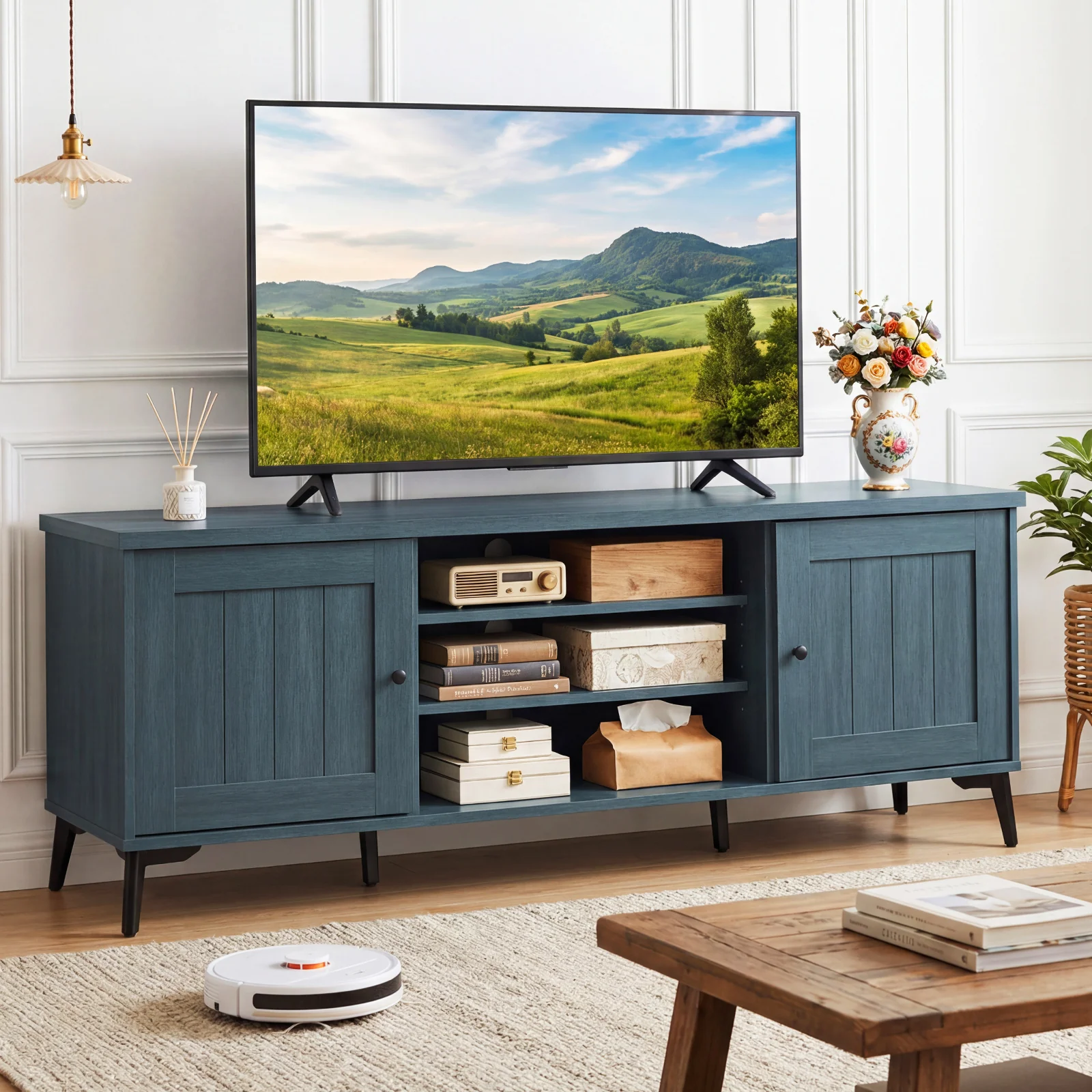 2-Door TV Stand for TVs Up to 65 Inch, Turquoise - Image 2