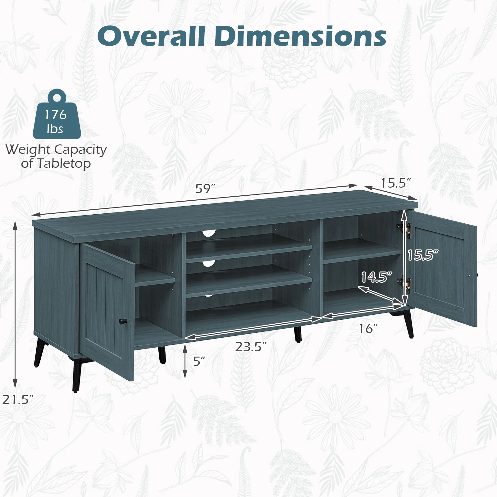 2-Door TV Stand for TVs Up to 65 Inch, Turquoise - Image 5