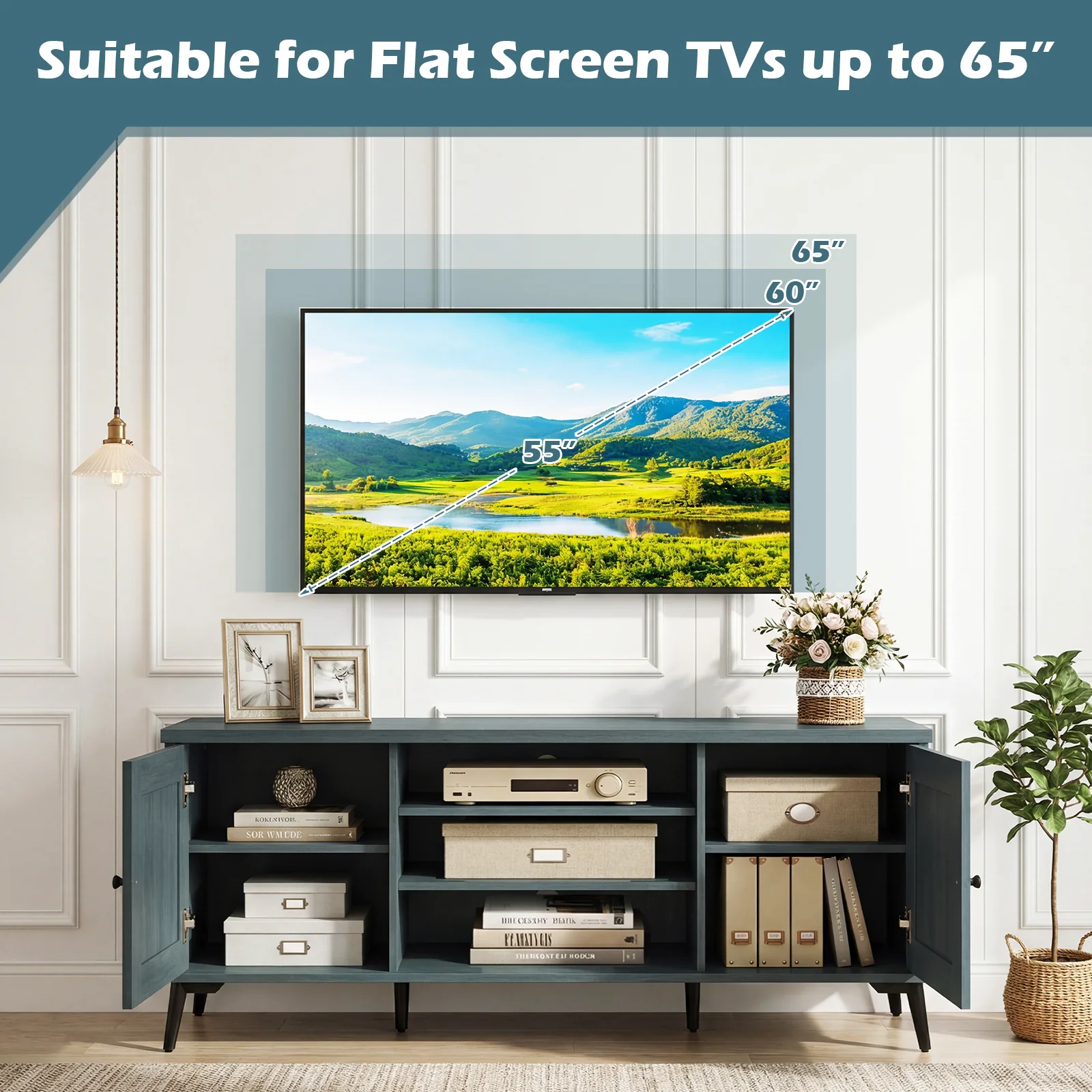 2-Door TV Stand for TVs Up to 65 Inch, Turquoise - Image 9