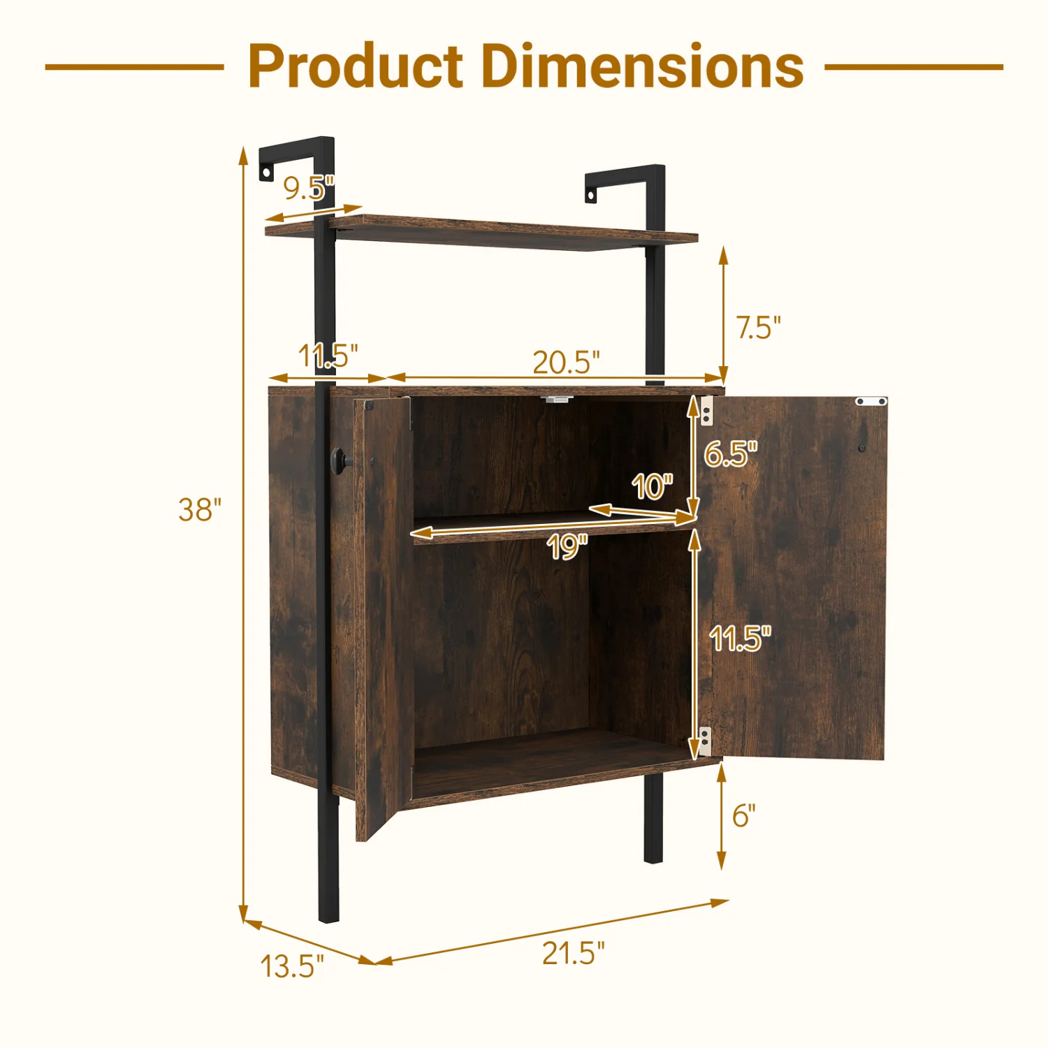2-Door Wall Mount Bookshelf With Storage, Rustic Brown - Image 4