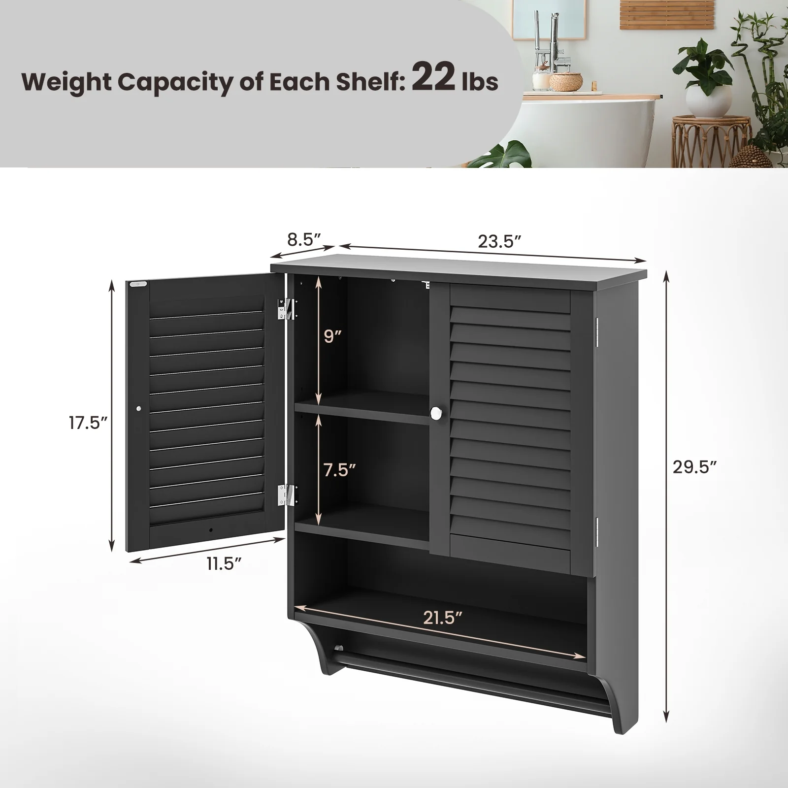 2-Doors Wall-Mounted Medicine Cabinet, Black - Image 6