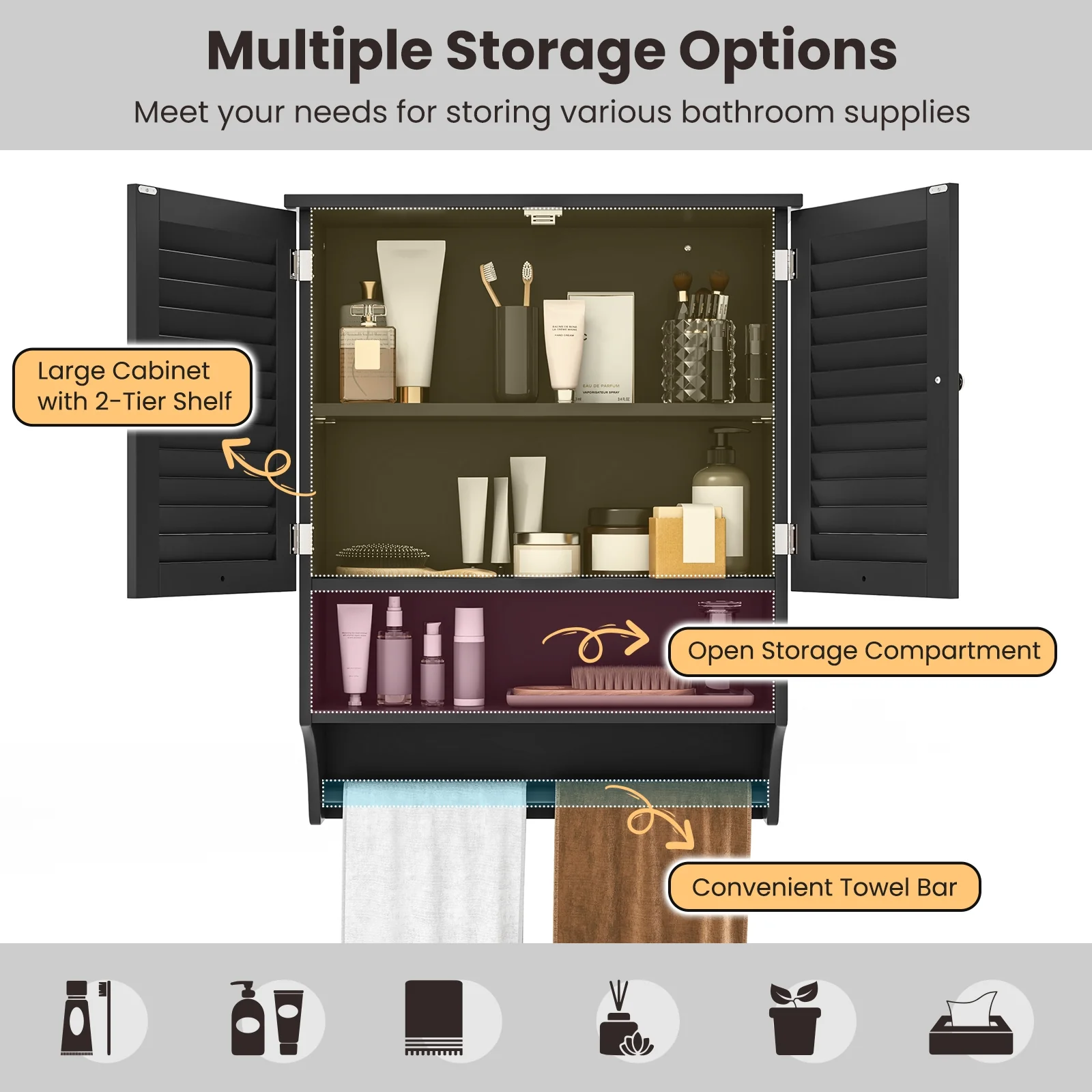 2-Doors Wall-Mounted Medicine Cabinet, Black - Image 8