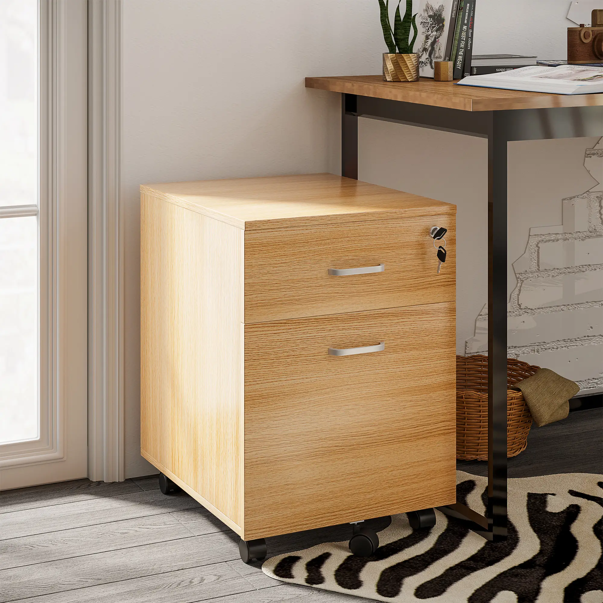 2 Drawer File Cabinet with Lock, Mobile Vertical, Natural - Image 2