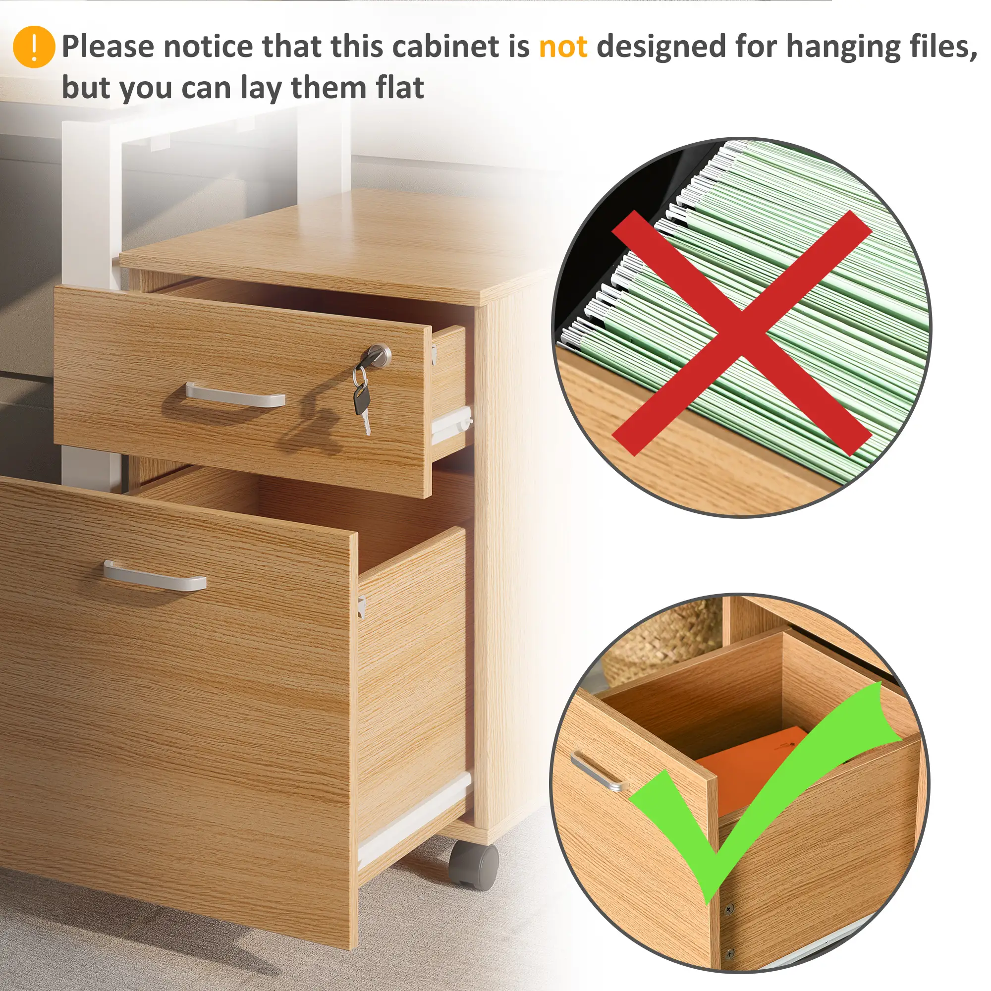2 Drawer File Cabinet with Lock, Mobile Vertical, Natural - Image 4