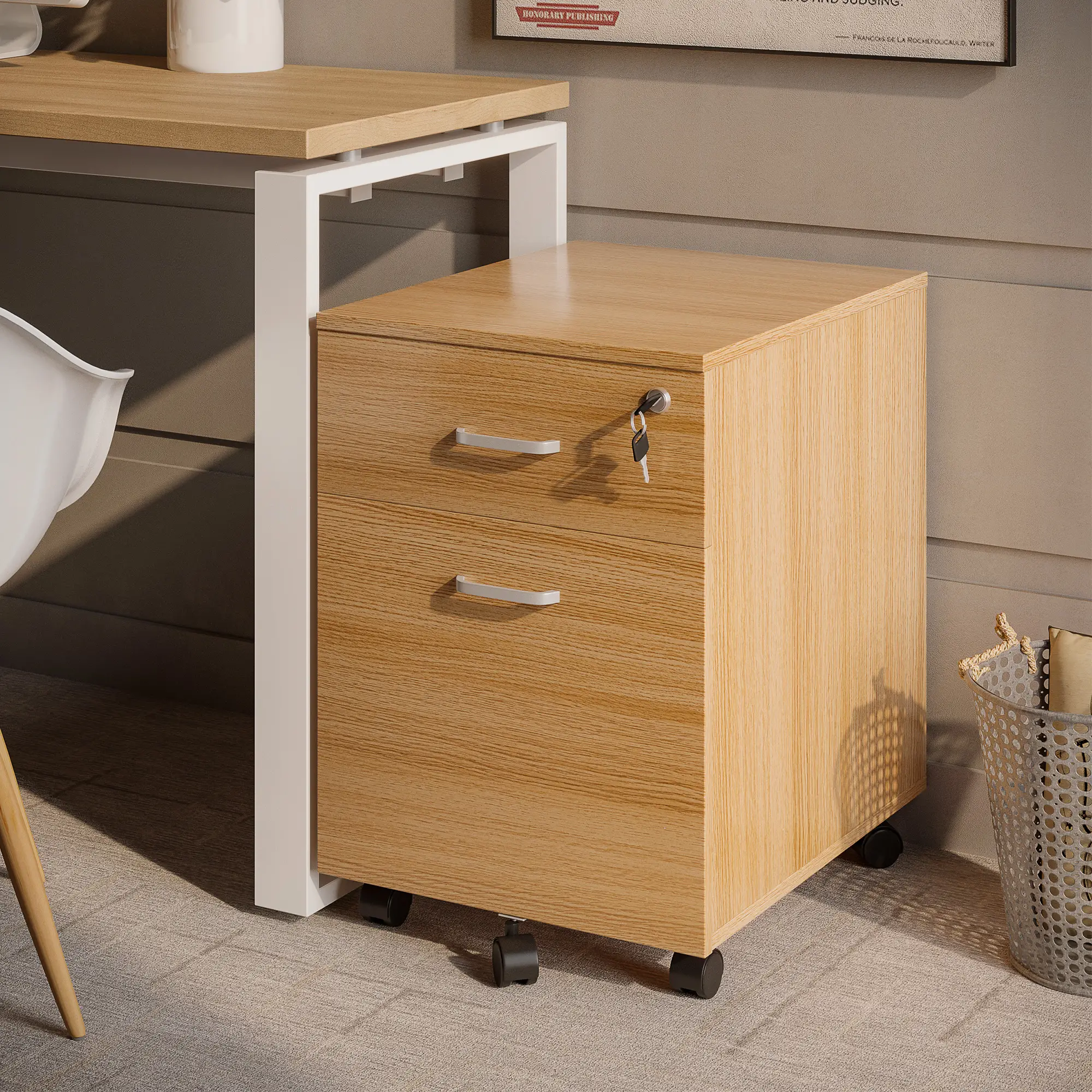2 Drawer File Cabinet with Lock, Mobile Vertical, Natural - Image 8