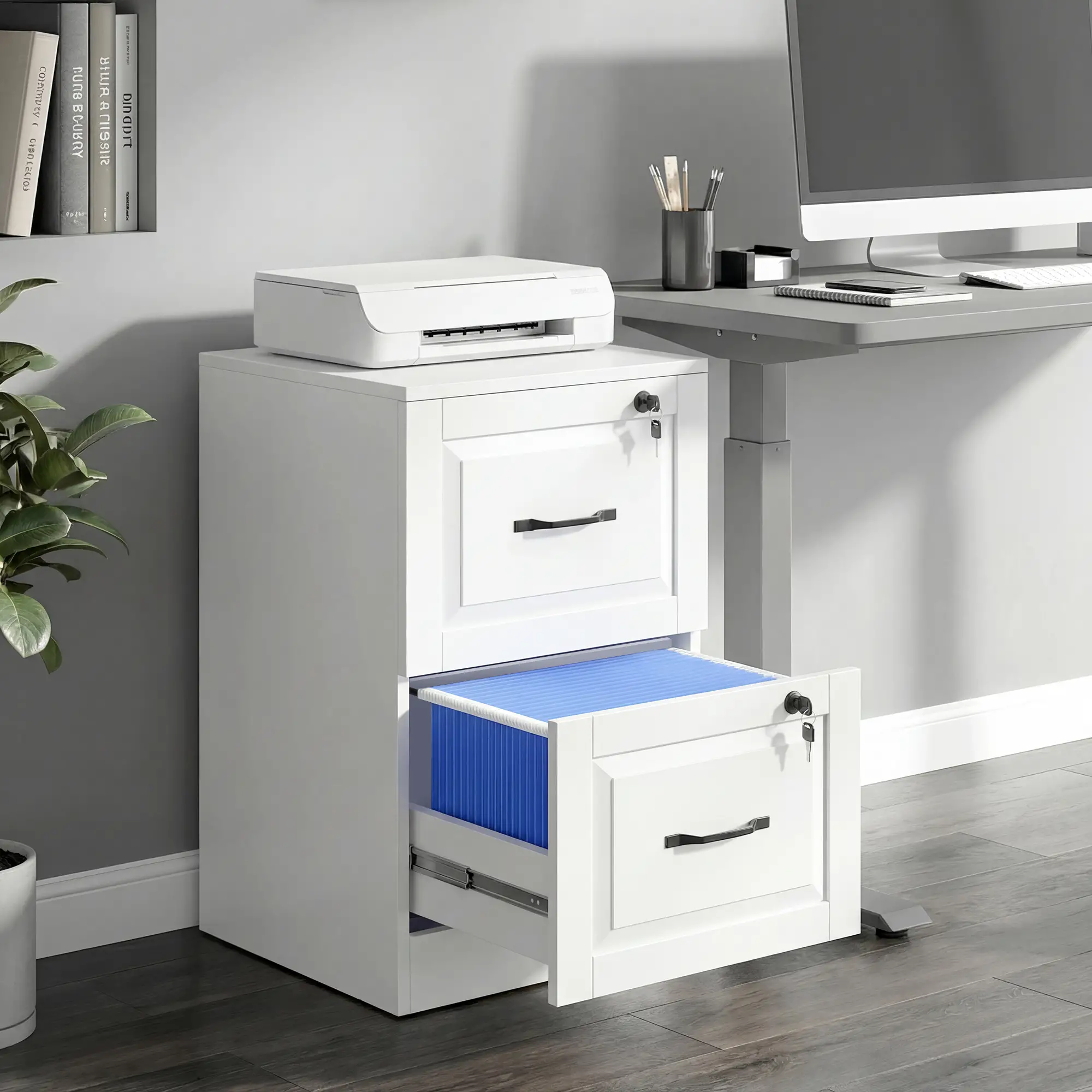 2 Drawer File Cabinet With Lock, Vertical Filing Cabinet, White - Image 2