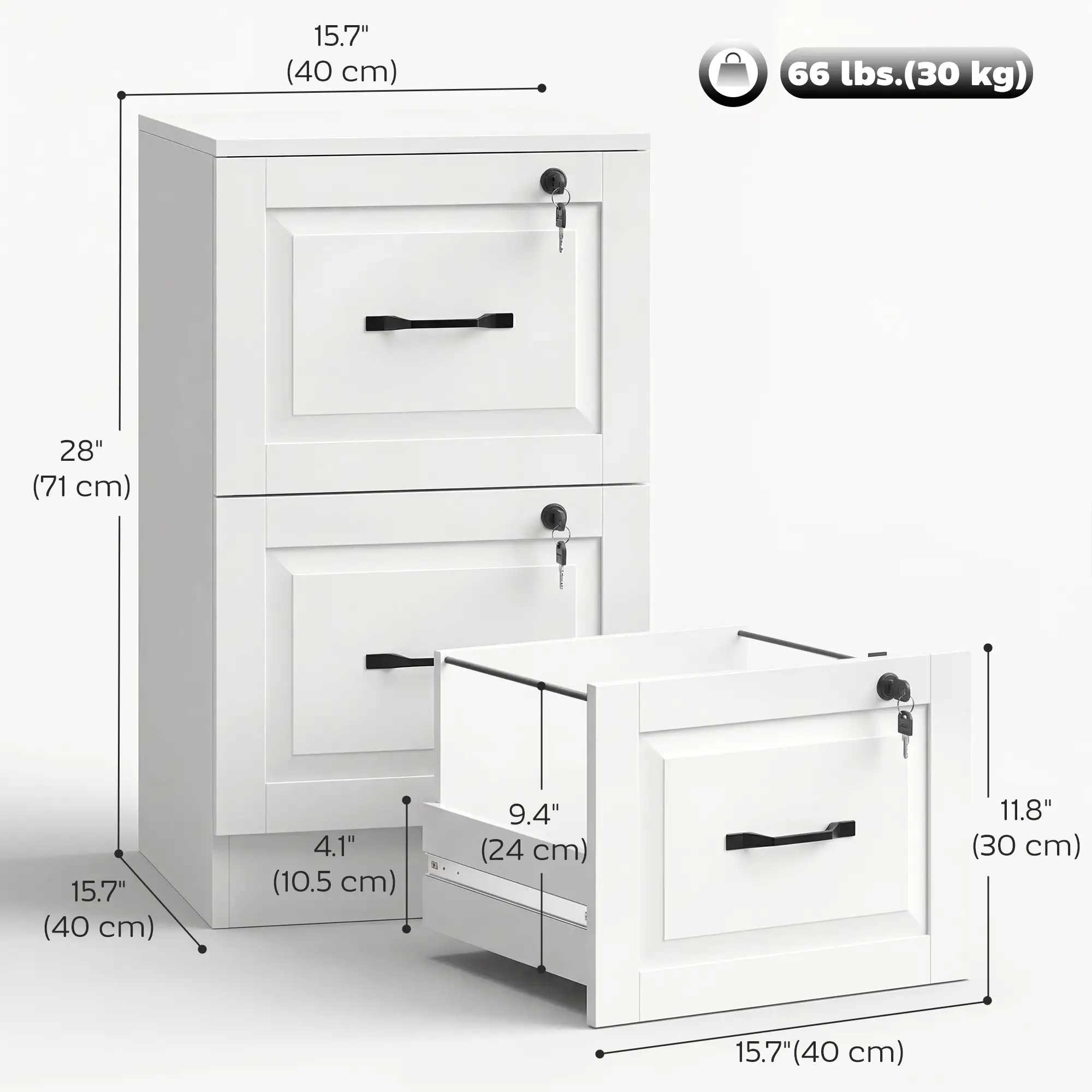 2 Drawer File Cabinet With Lock, Vertical Filing Cabinet, White - Image 3