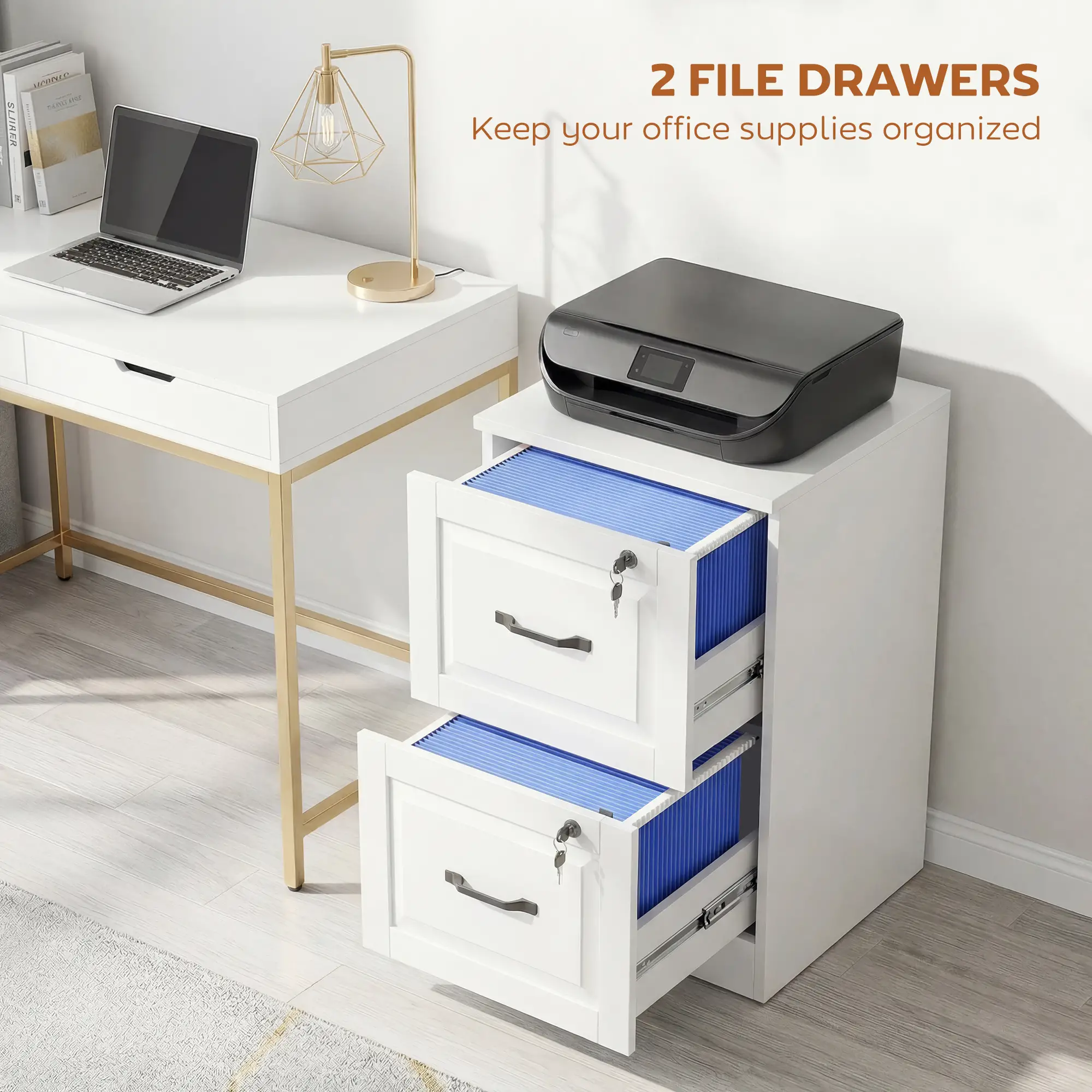 2 Drawer File Cabinet With Lock, Vertical Filing Cabinet, White - Image 4
