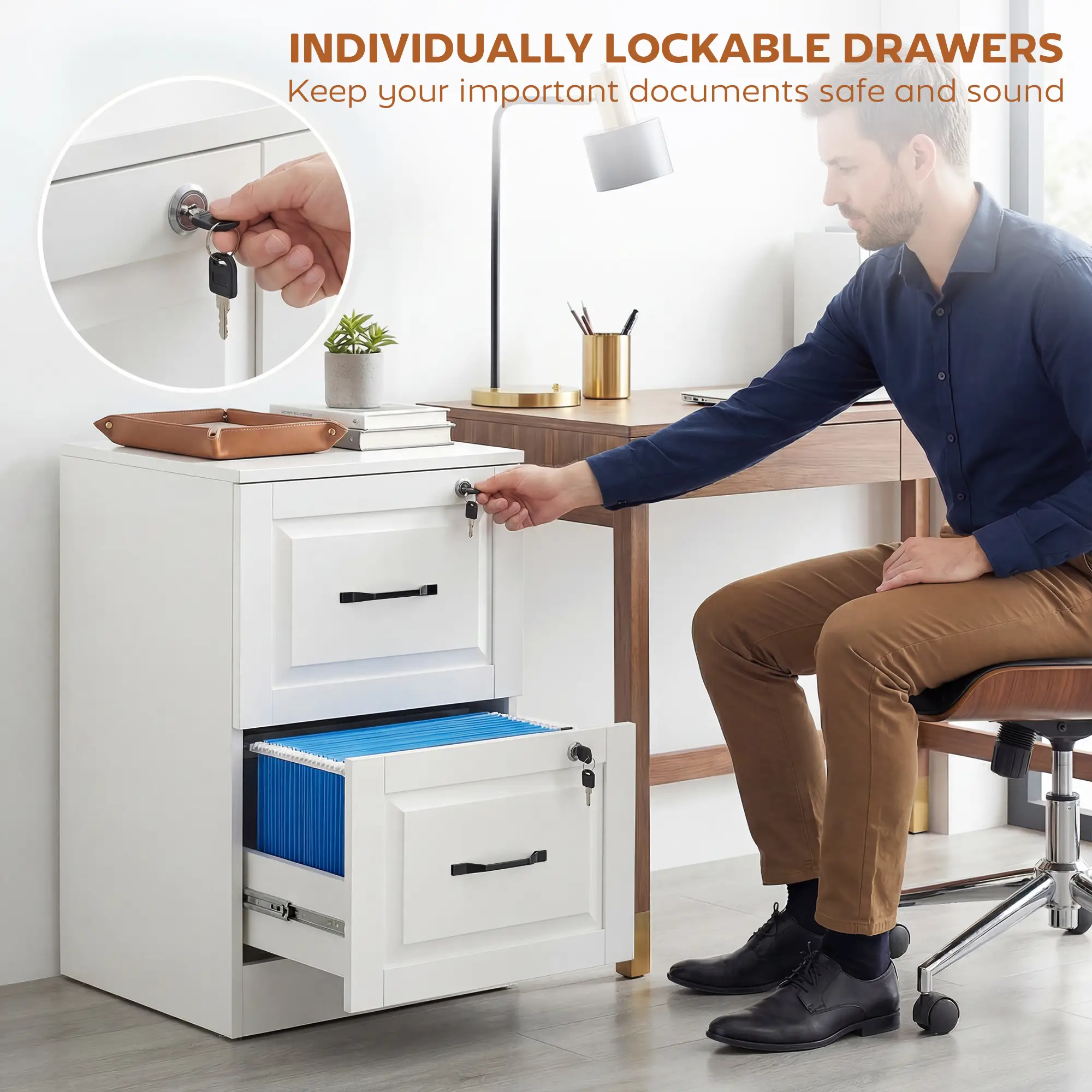 2 Drawer File Cabinet With Lock, Vertical Filing Cabinet, White - Image 6
