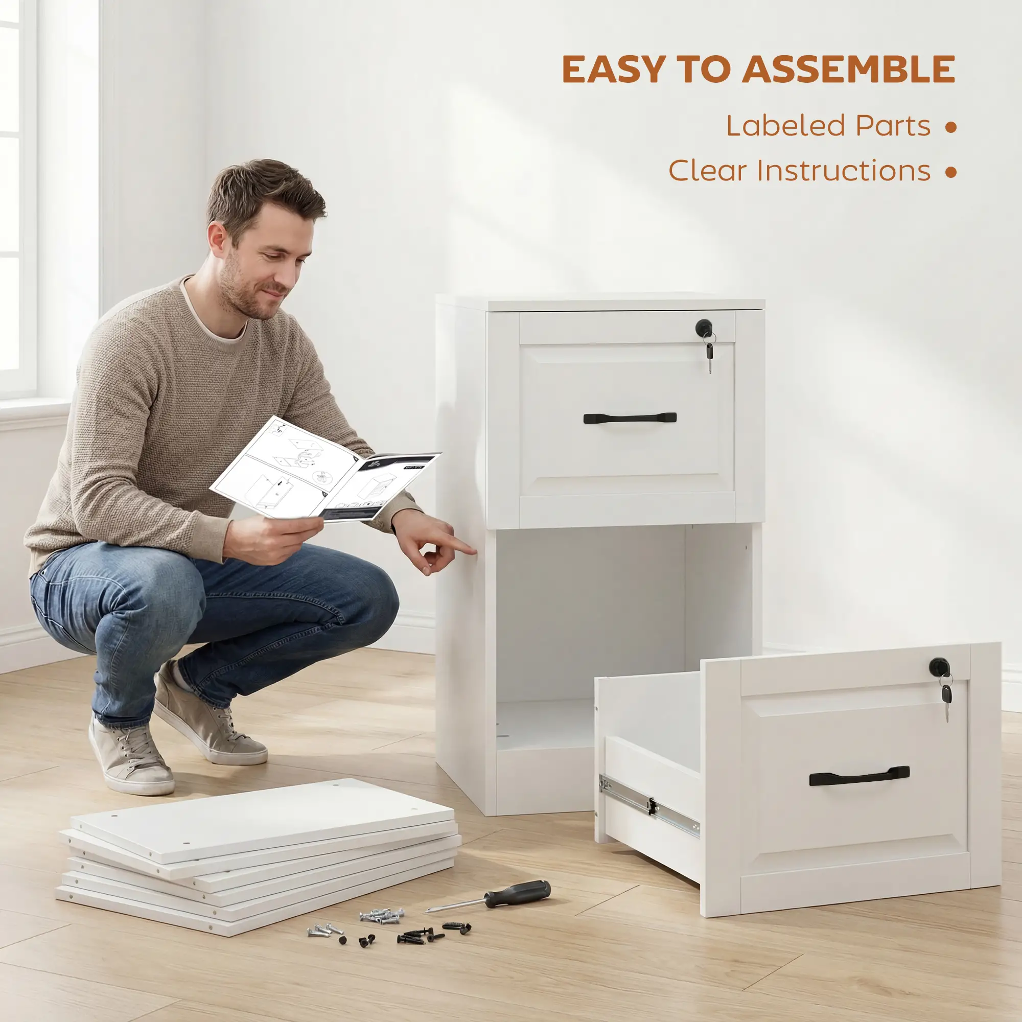 2 Drawer File Cabinet With Lock, Vertical Filing Cabinet, White - Image 9