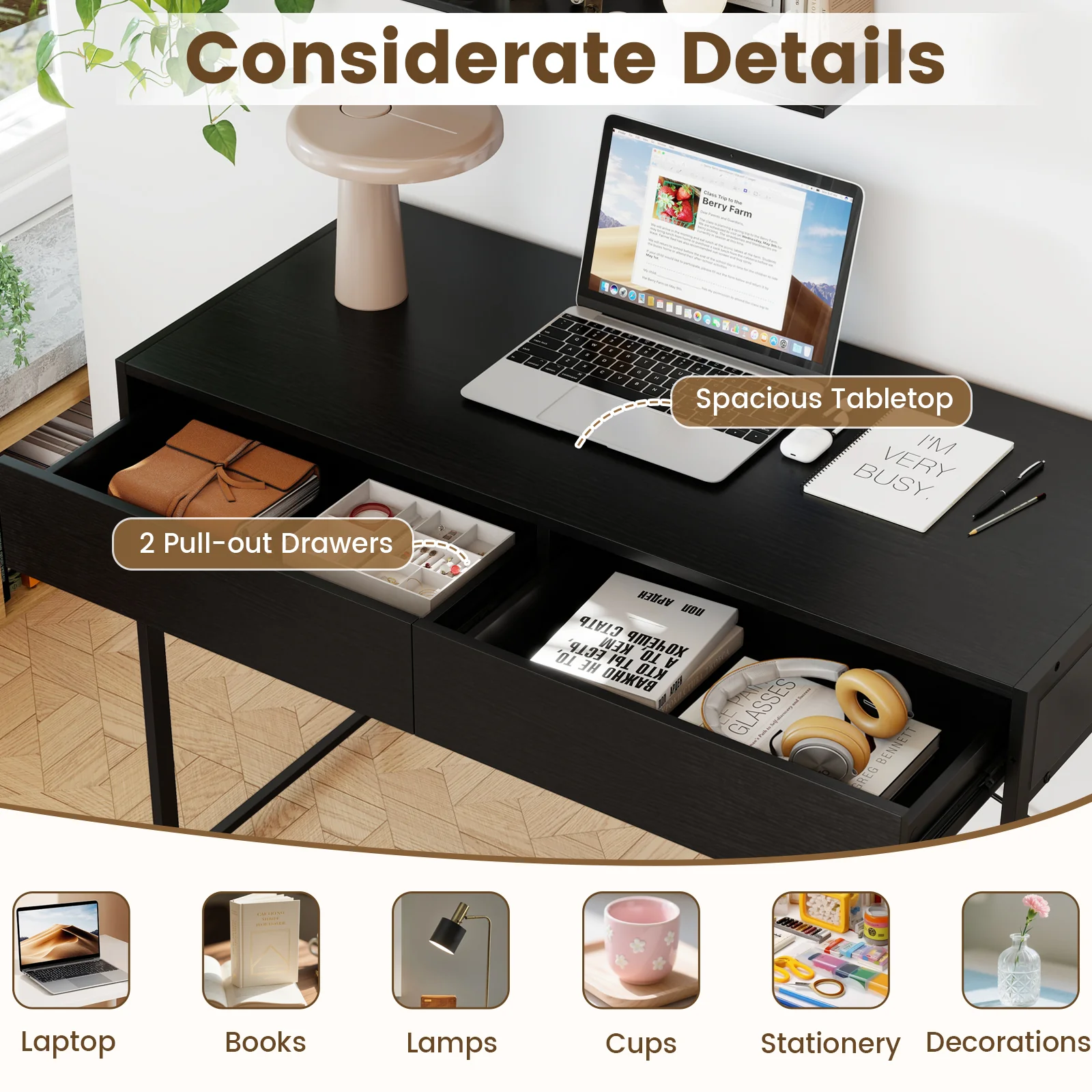 2-Drawer Home Office Desk, Steel Frame, Black - Image 10