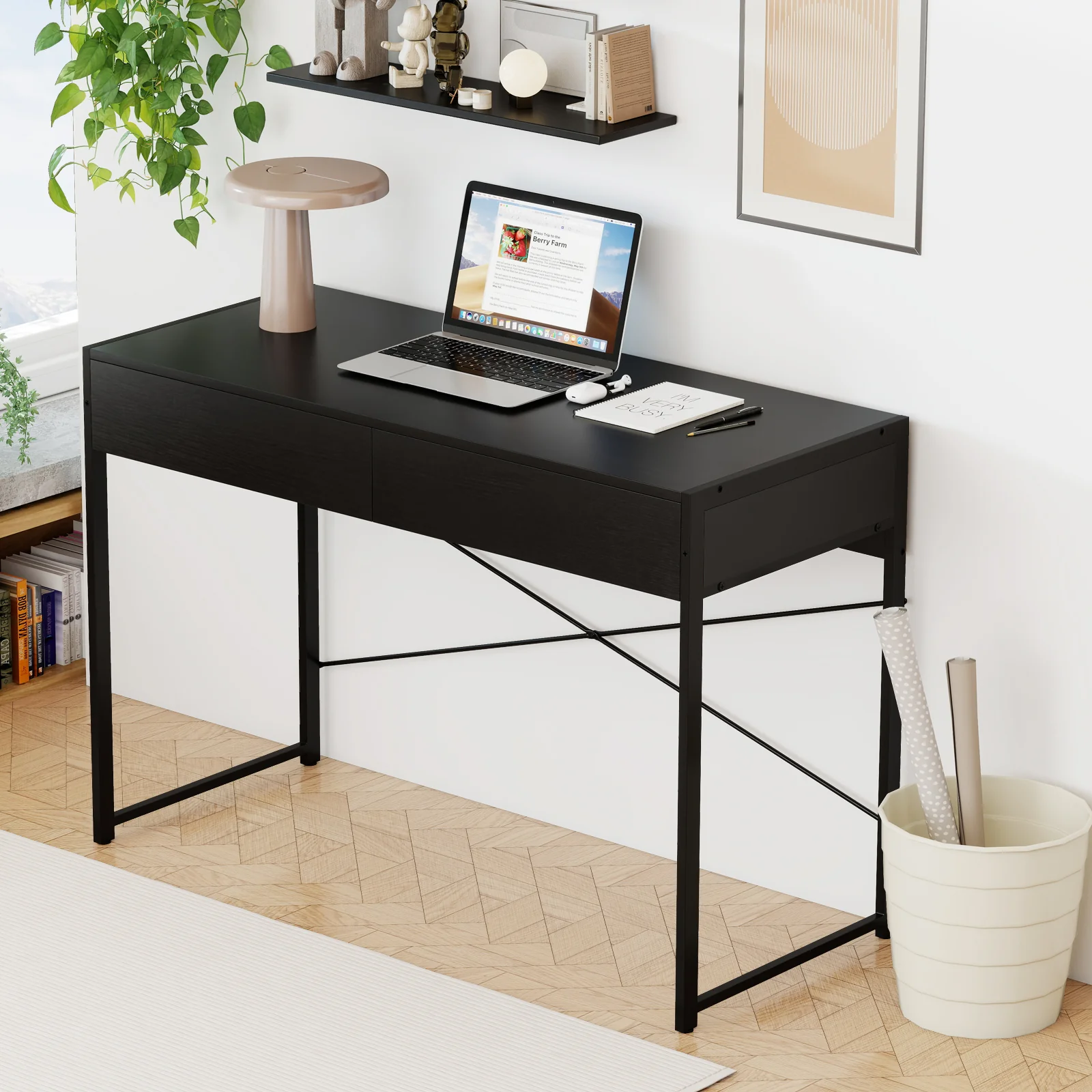2-Drawer Home Office Desk, Steel Frame, Black - Image 2