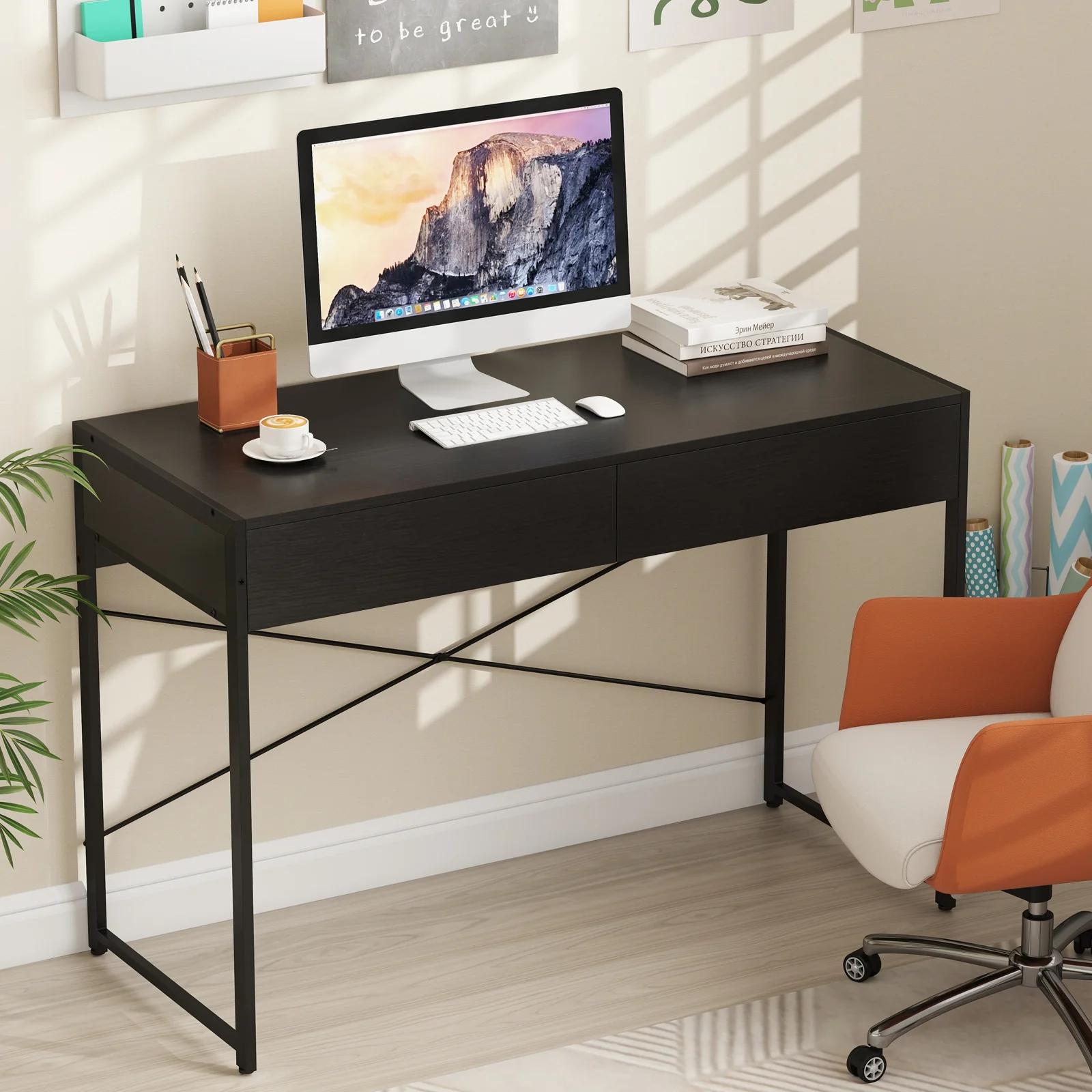 2-Drawer Home Office Desk, Steel Frame, Black - Image 3