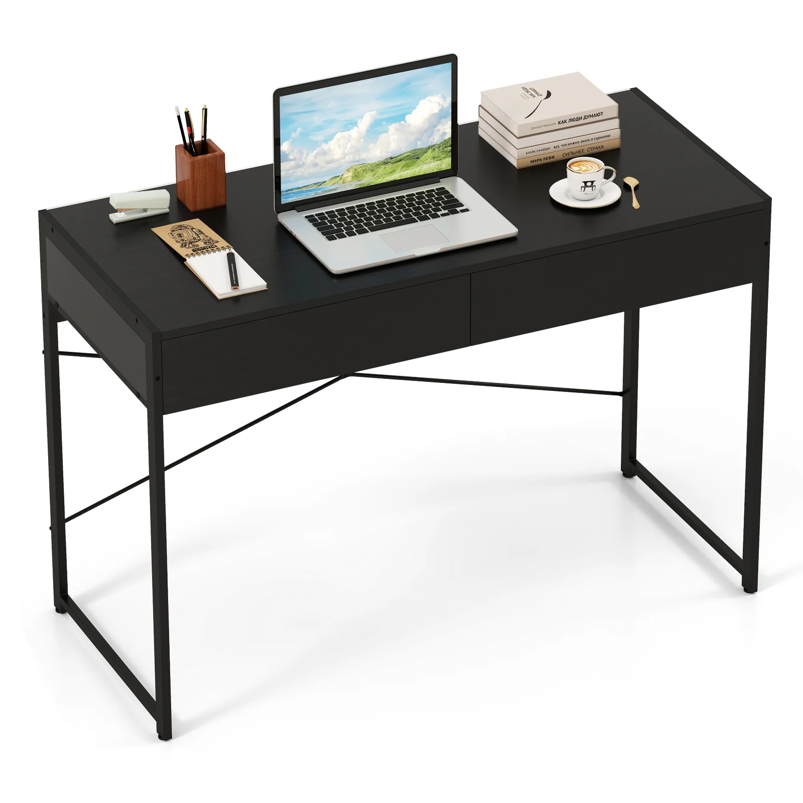 2-Drawer Home Office Desk, Steel Frame, Black - Image 5