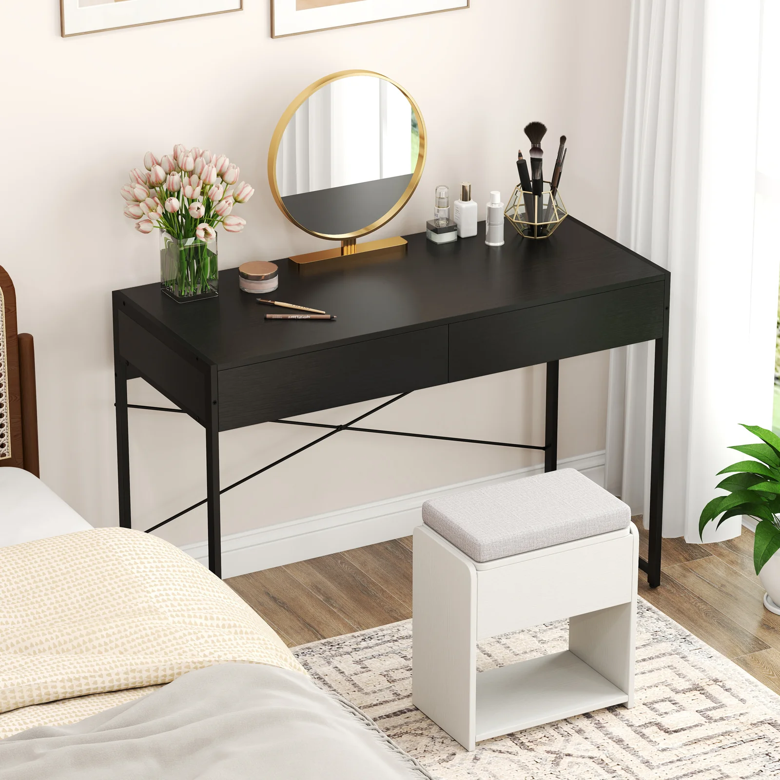 2-Drawer Home Office Desk, Steel Frame, Black - Image 8