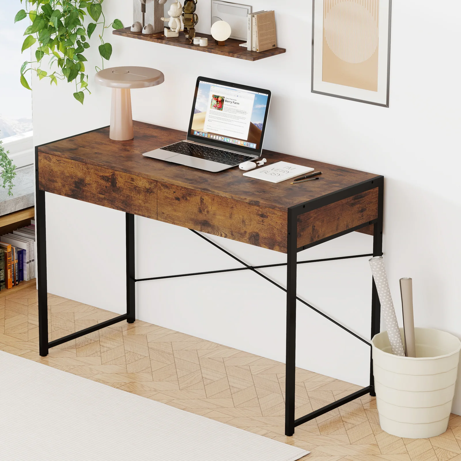 2-Drawer Home Office Desk, Steel Frame, Brown - Image 2