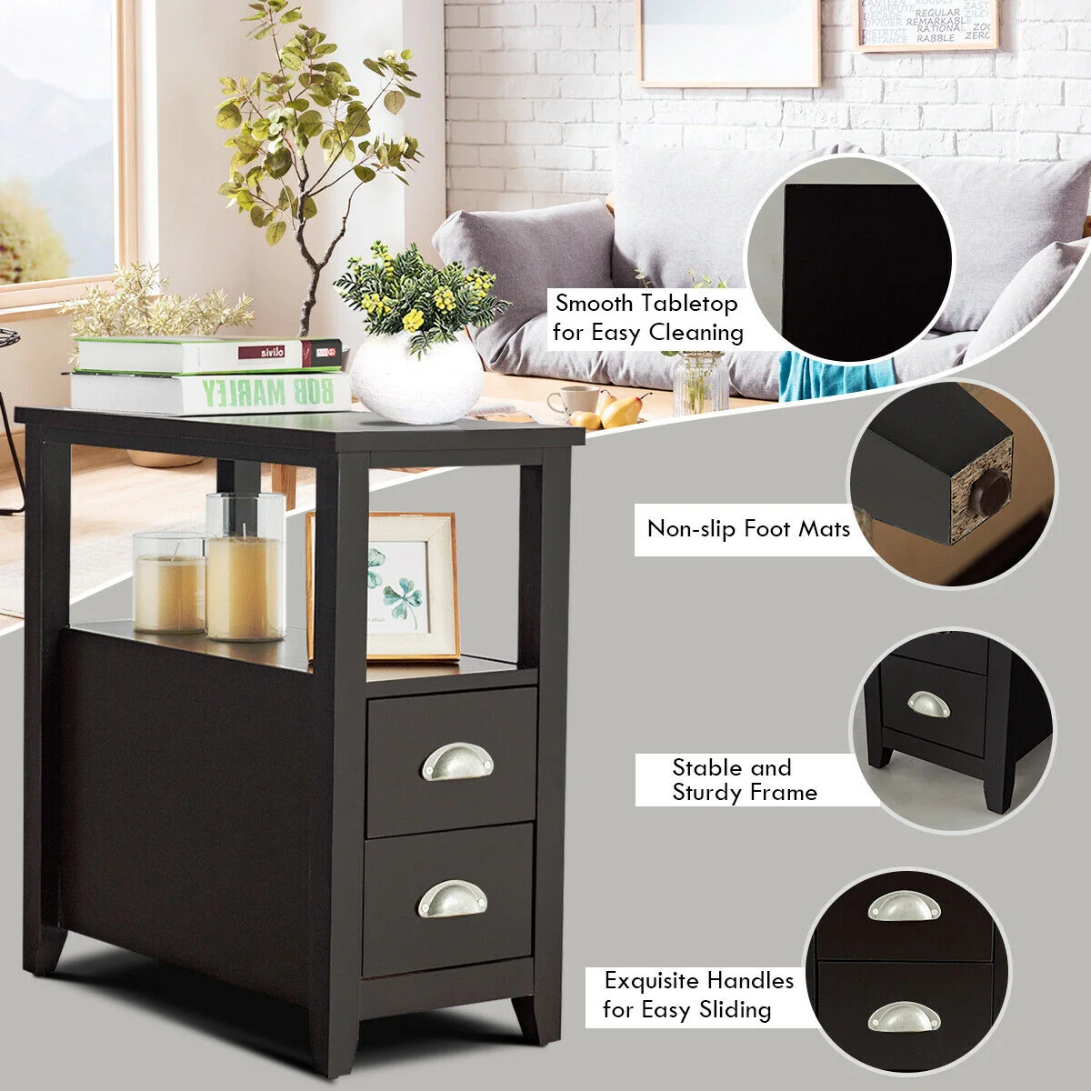 2 Drawer Wooden Nightstand Set, Dark Brown - Image 10