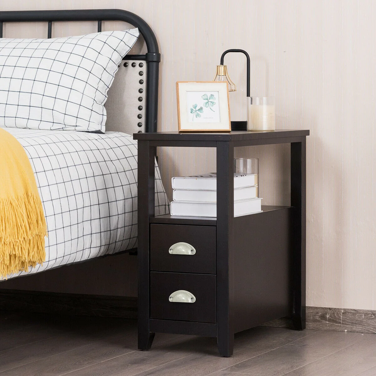 2 Drawer Wooden Nightstand Set, Dark Brown - Image 2