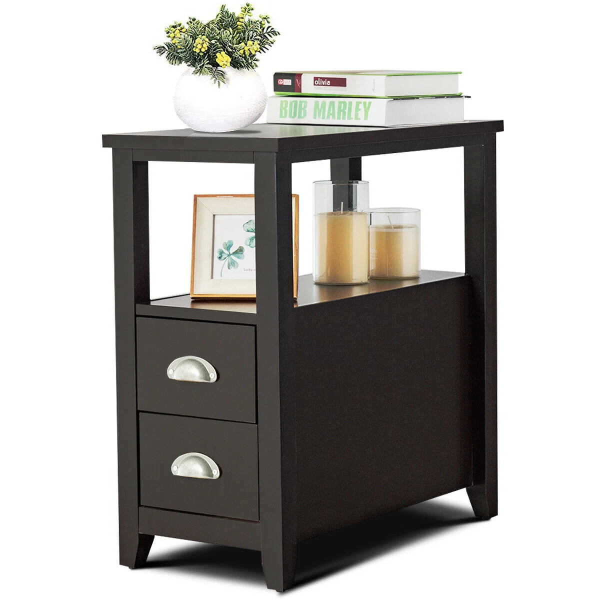 2 Drawer Wooden Nightstand Set, Dark Brown - Image 5