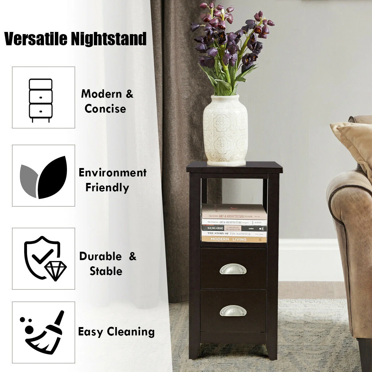 2 Drawer Wooden Nightstand Set, Dark Brown - Image 7